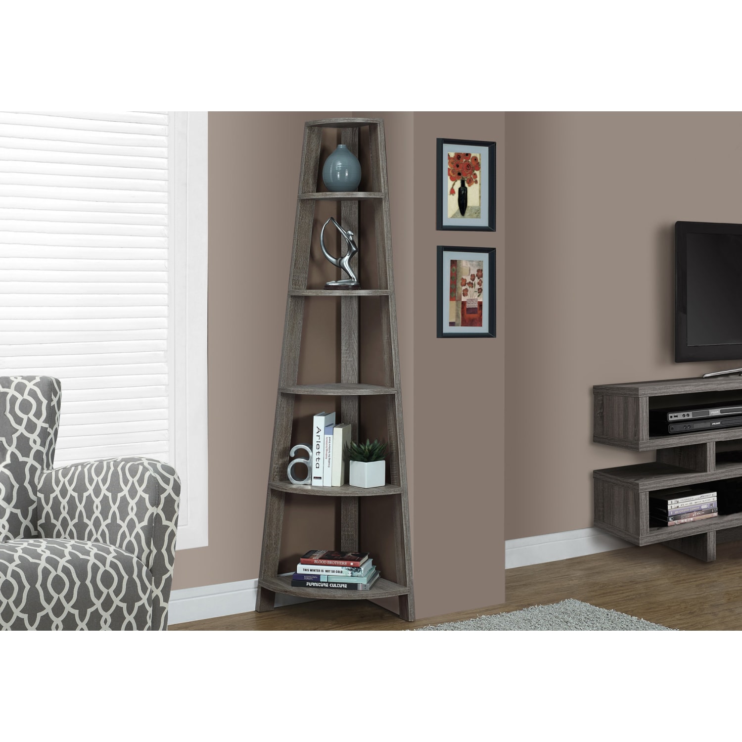 Monarch Specialties Karlee 72inH 5-Shelf Corner Bookcase, Dark Taupe - Image 3