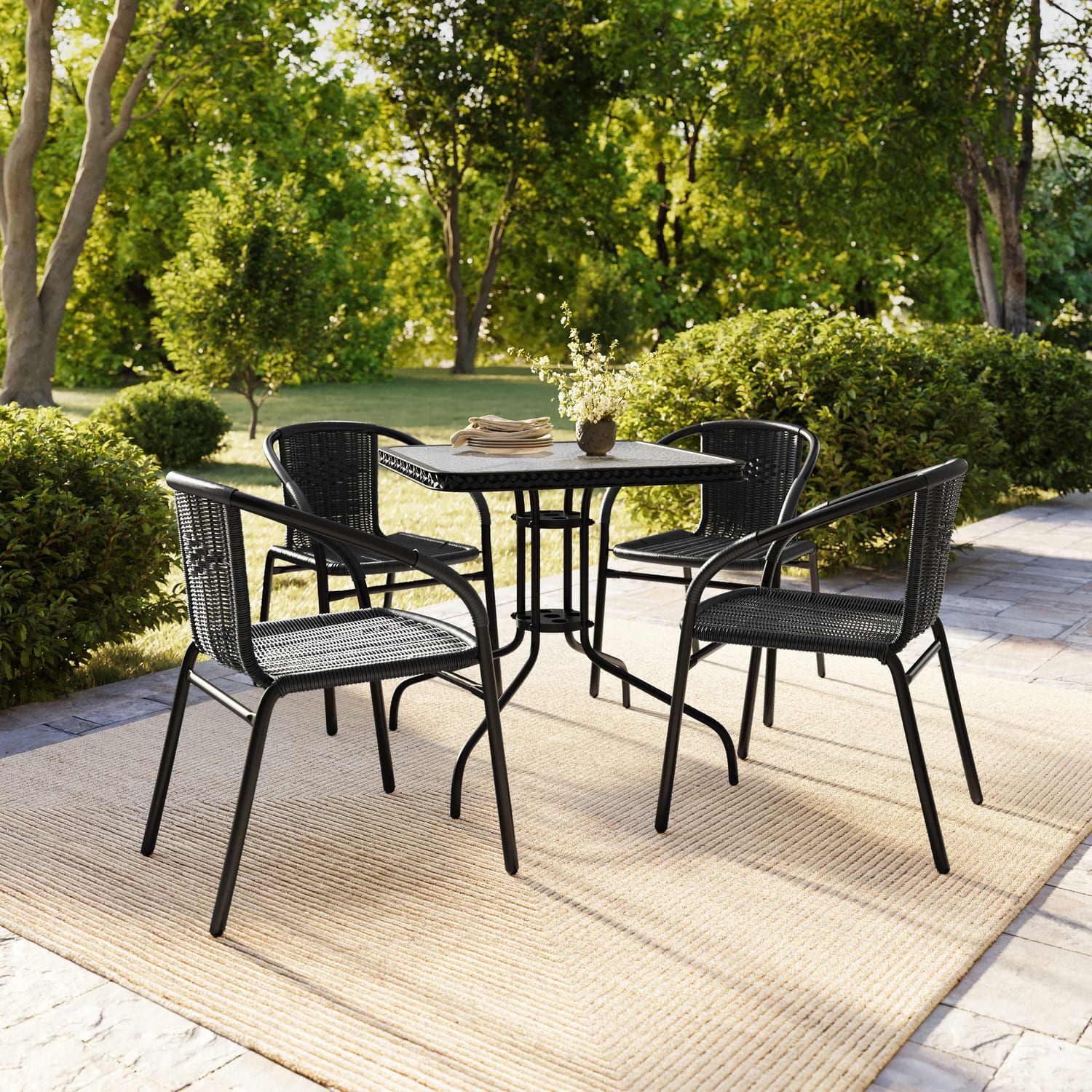 Flash Furniture Rattan Indoor/Outdoor Restaurant Stack Chairs, Black, Pack Of 4 Chairs - Image 4