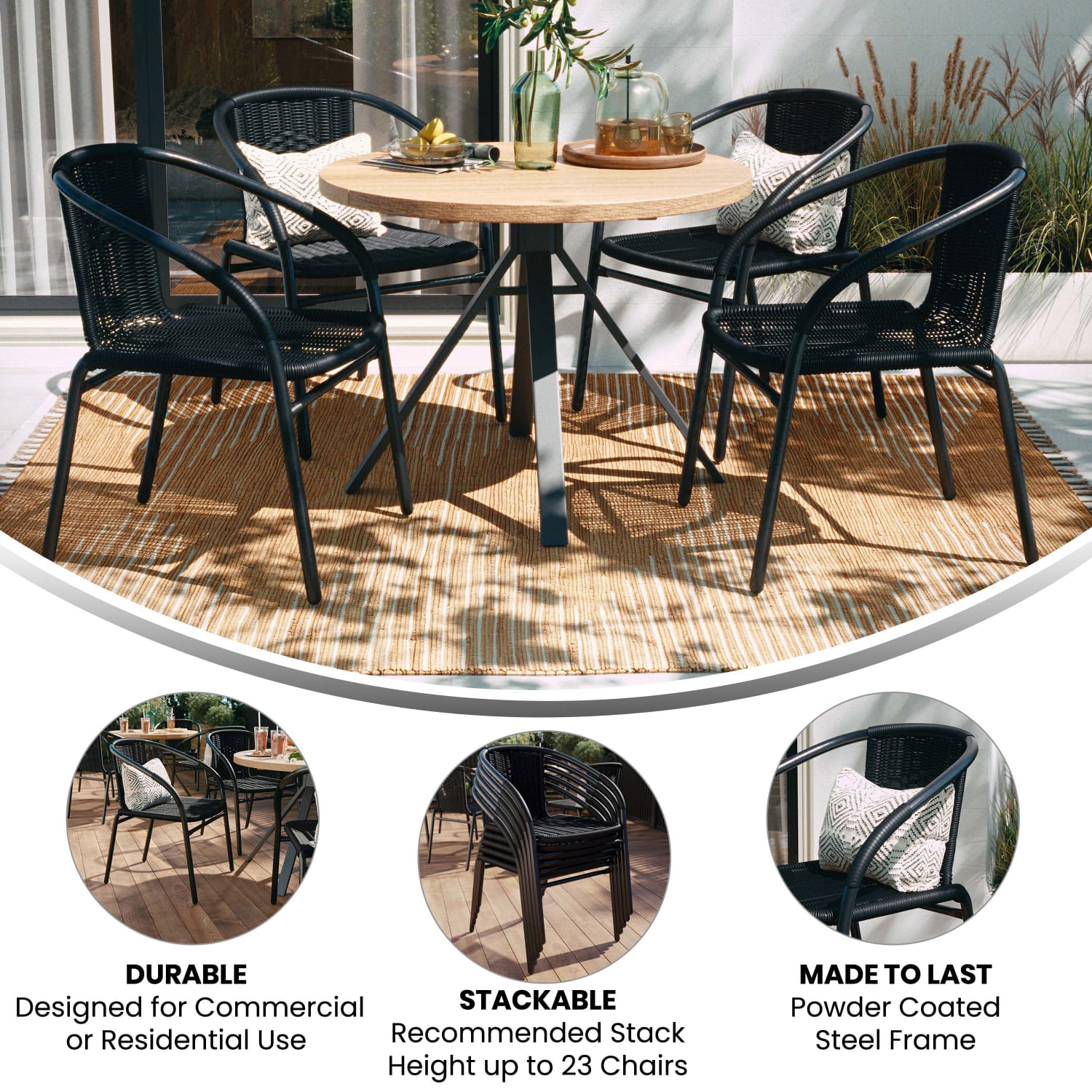 Flash Furniture Rattan IndoorOutdoor Restaurant Stack Chairs Black Pack Of 4 Chairs PopularChairscom Flash Furniture Rattan IndoorOutdoor Restaurant Stack Chairs Black Pack Of 4 Chairs PopularChairscom