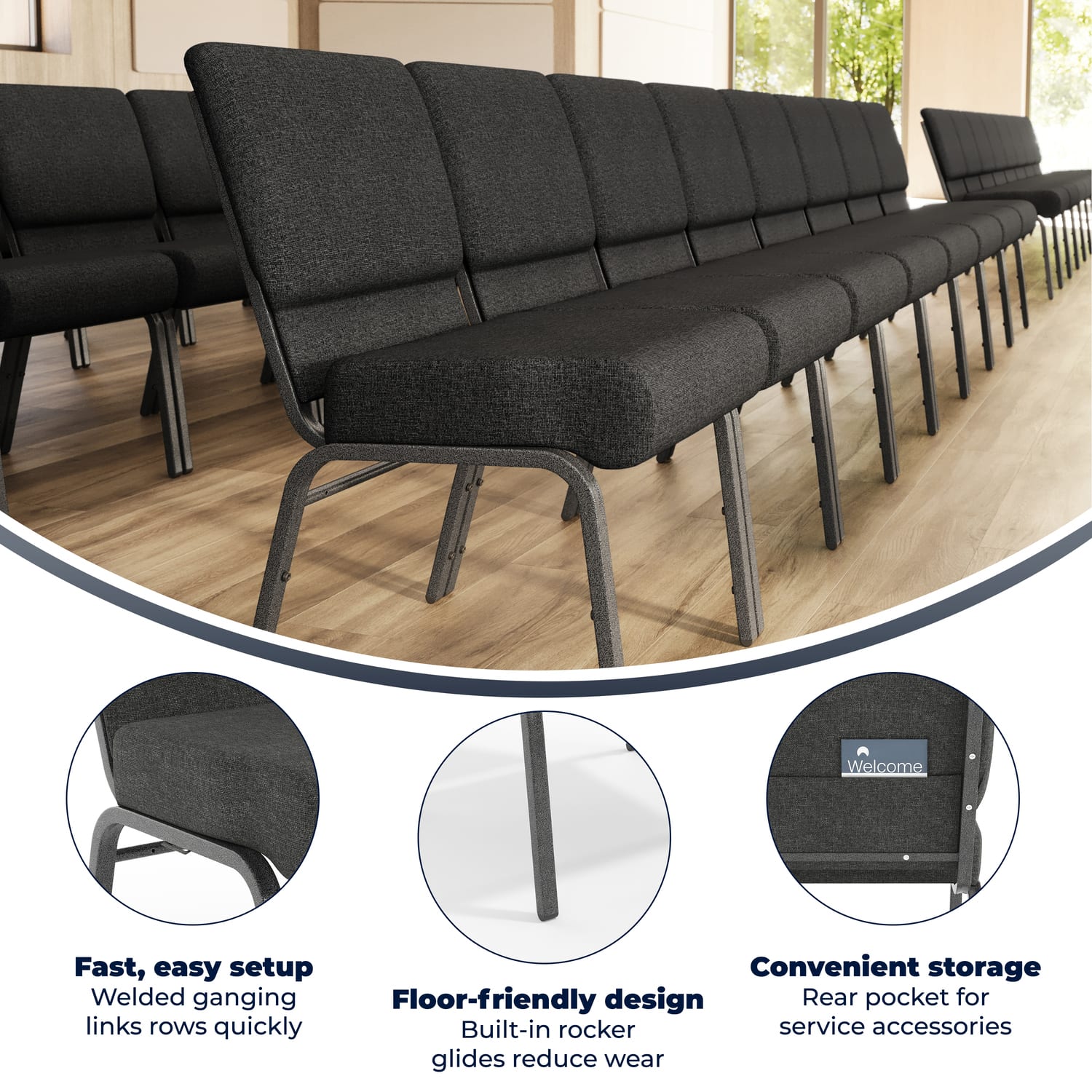 Flash Furniture HERCULES Series 21inW Stackable Church Chair Dark GraySilvervein PopularChairscom