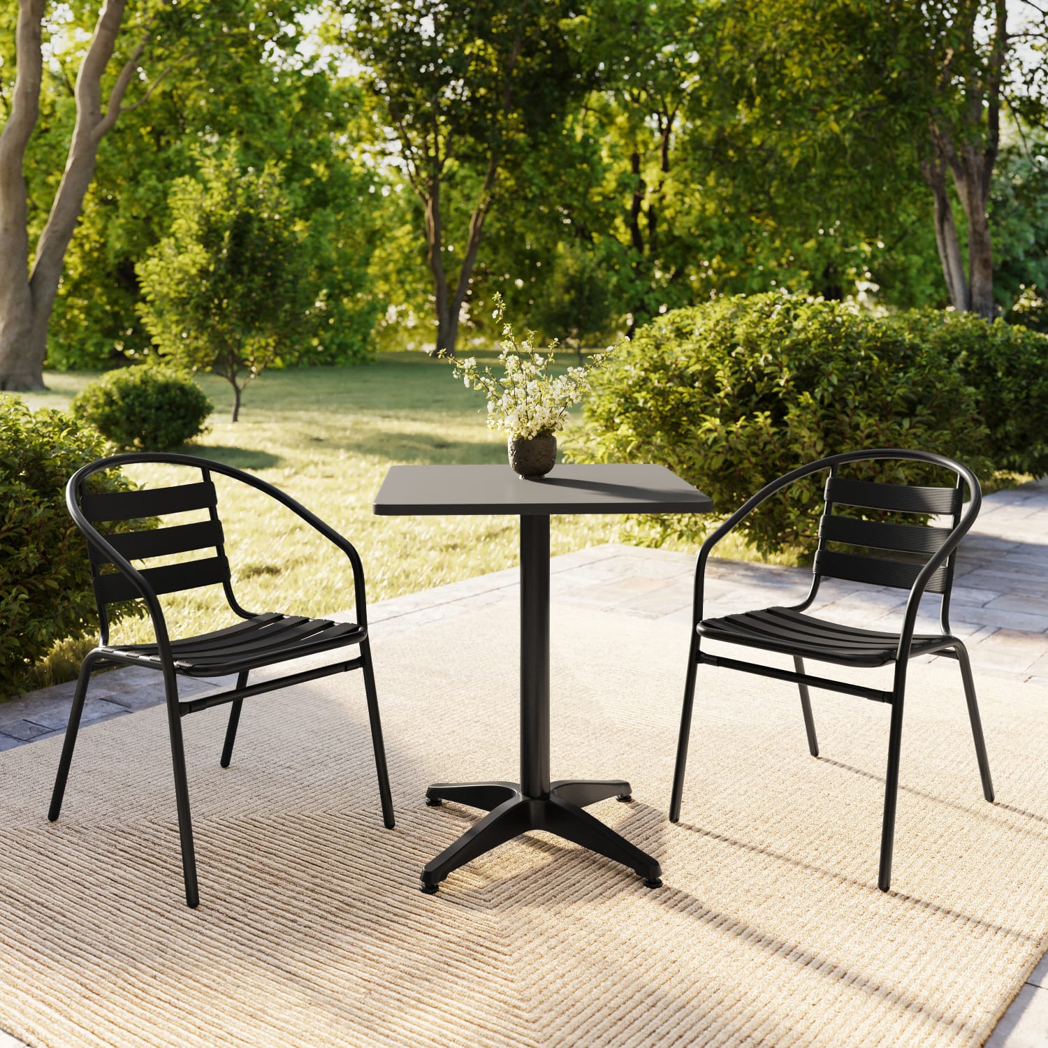 Flash Furniture Lila 23.5ft" Square Aluminum Indoor-Outdoor Table Set with 2 Slat Back Chairs, Black - Image 6