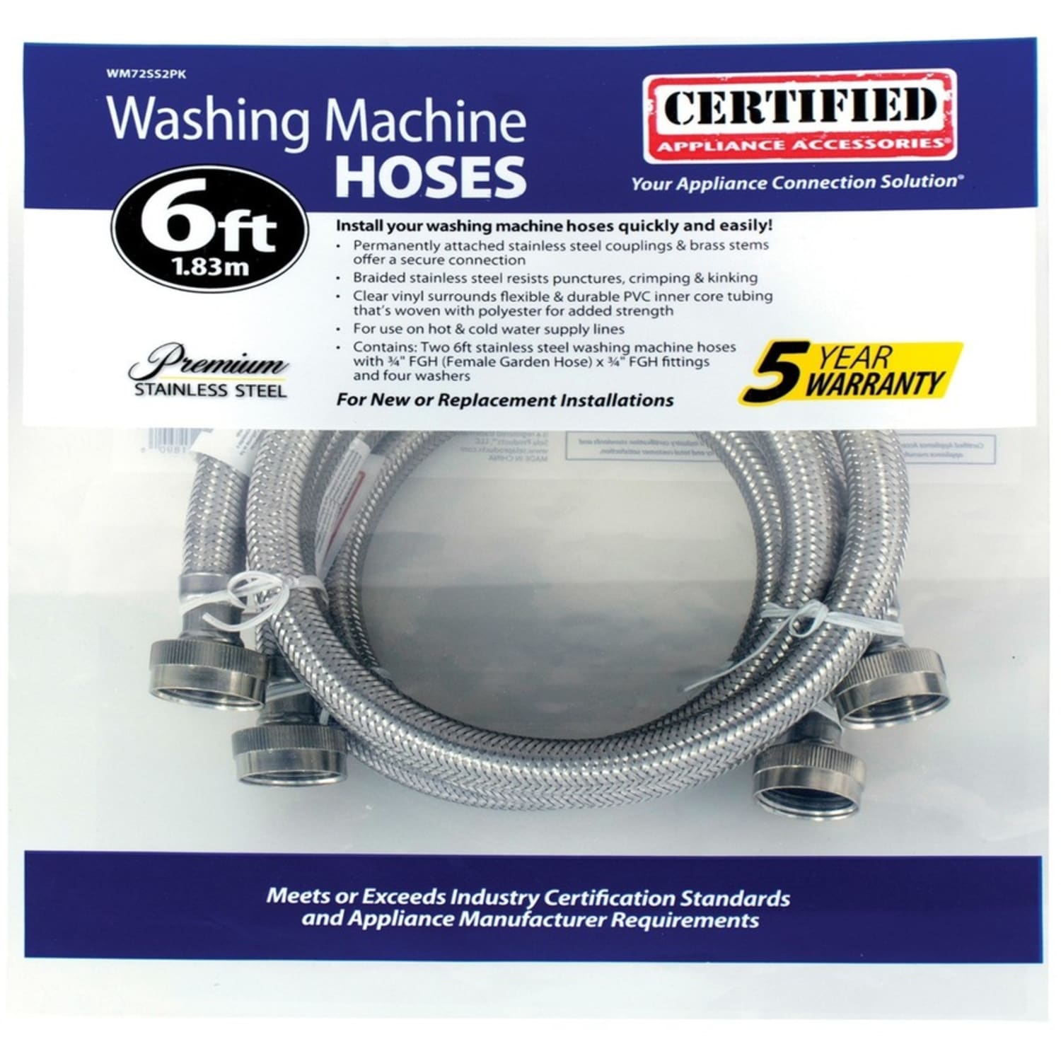 Certified Appliance Accessories 2 pk Braided Stainless Steel Washing Machine Hoses - 72in - Silver, Stainless Steel - Stainless Steel, Vinyl, Polyvinyl Chloride (PVC), Polyester, Brass - 2 - Image 4