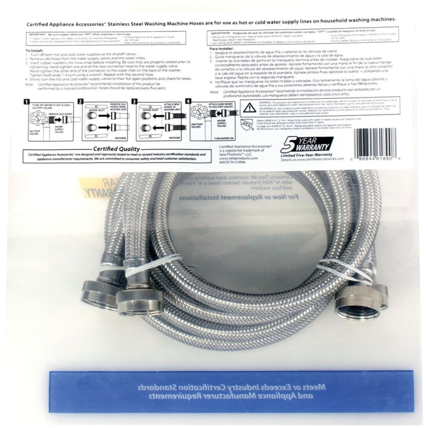 Certified Appliance Accessories 2 pk Braided Stainless Steel Washing Machine Hoses - 72in - Silver, Stainless Steel - Stainless Steel, Vinyl, Polyvinyl Chloride (PVC), Polyester, Brass - 2 - Image 5