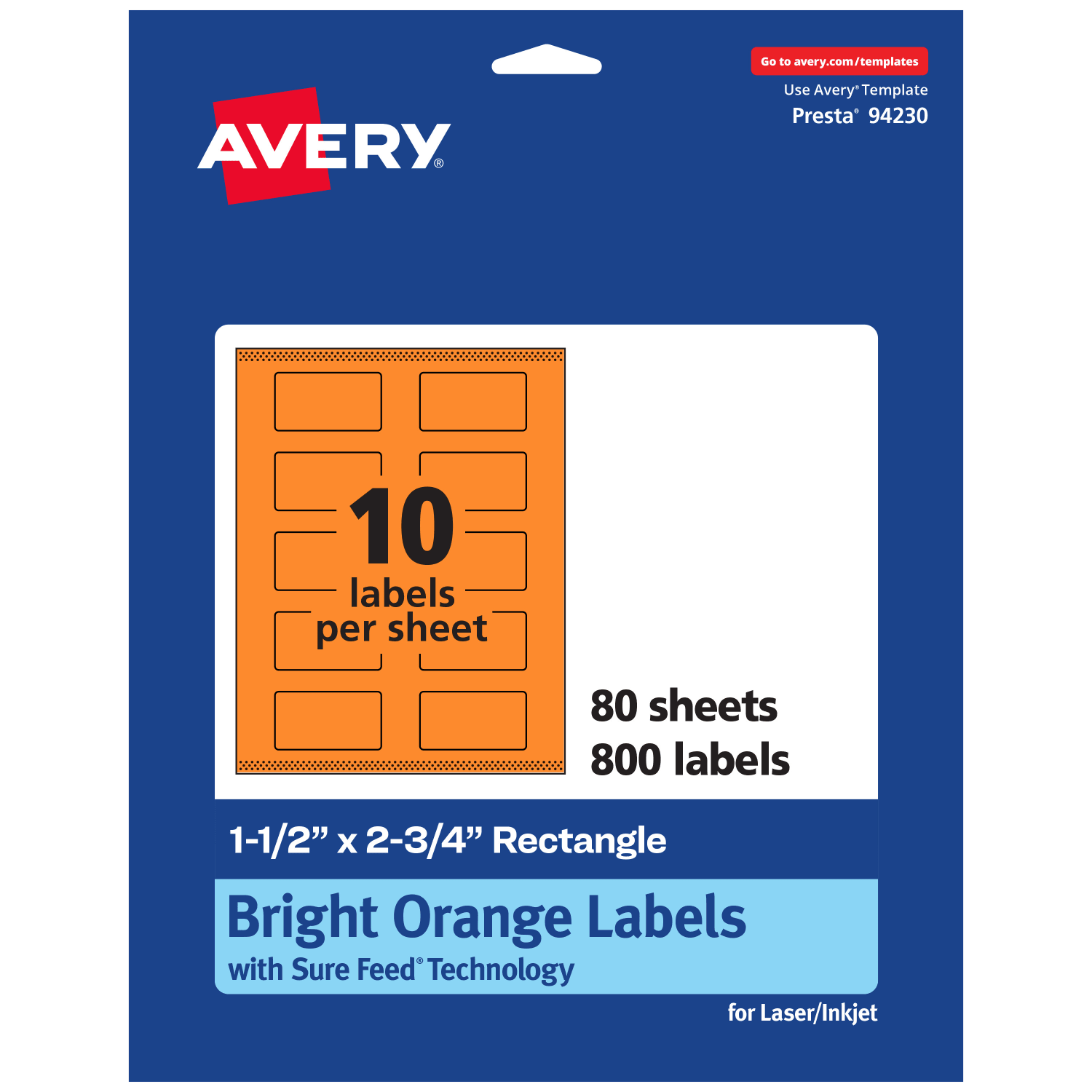 Avery Print-To-The-Edge Labels With Sure Feed Technology And Easy Peel, 94230-BOP80, Rectangle, 1-1/2in x 2-3/4in, Matte Bright Orange, Pack of 800