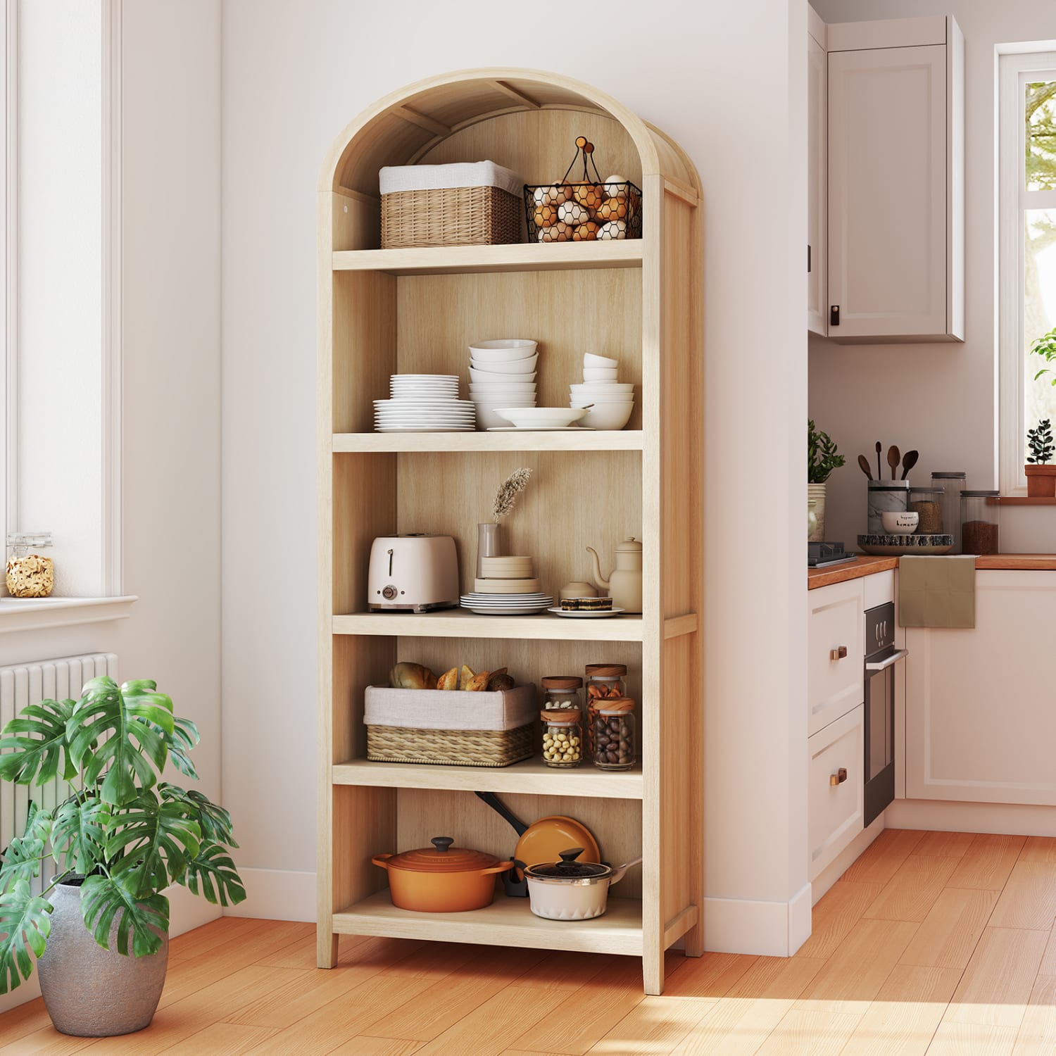 Bestier 76inH Tall 5-Shelf Arched Bookcase, Coastal Oak - Image 4