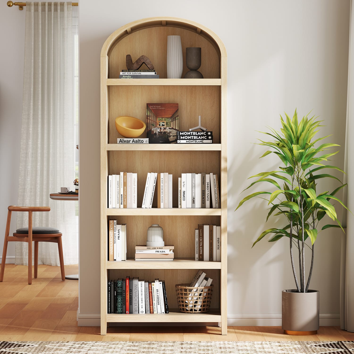 Bestier 76inH Tall 5-Shelf Arched Bookcase, Coastal Oak - Image 5