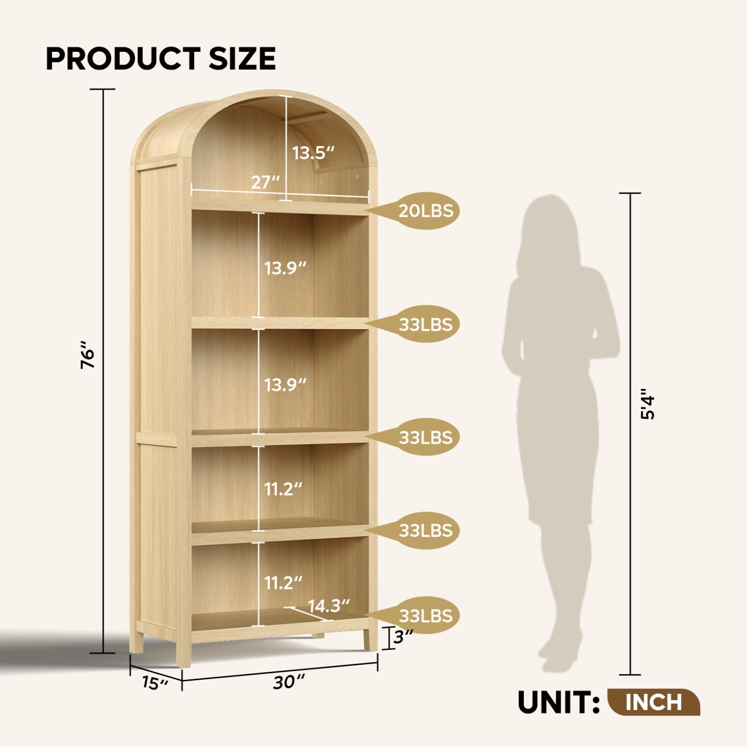 Bestier 76inH Tall 5-Shelf Arched Bookcase, Coastal Oak - Image 6