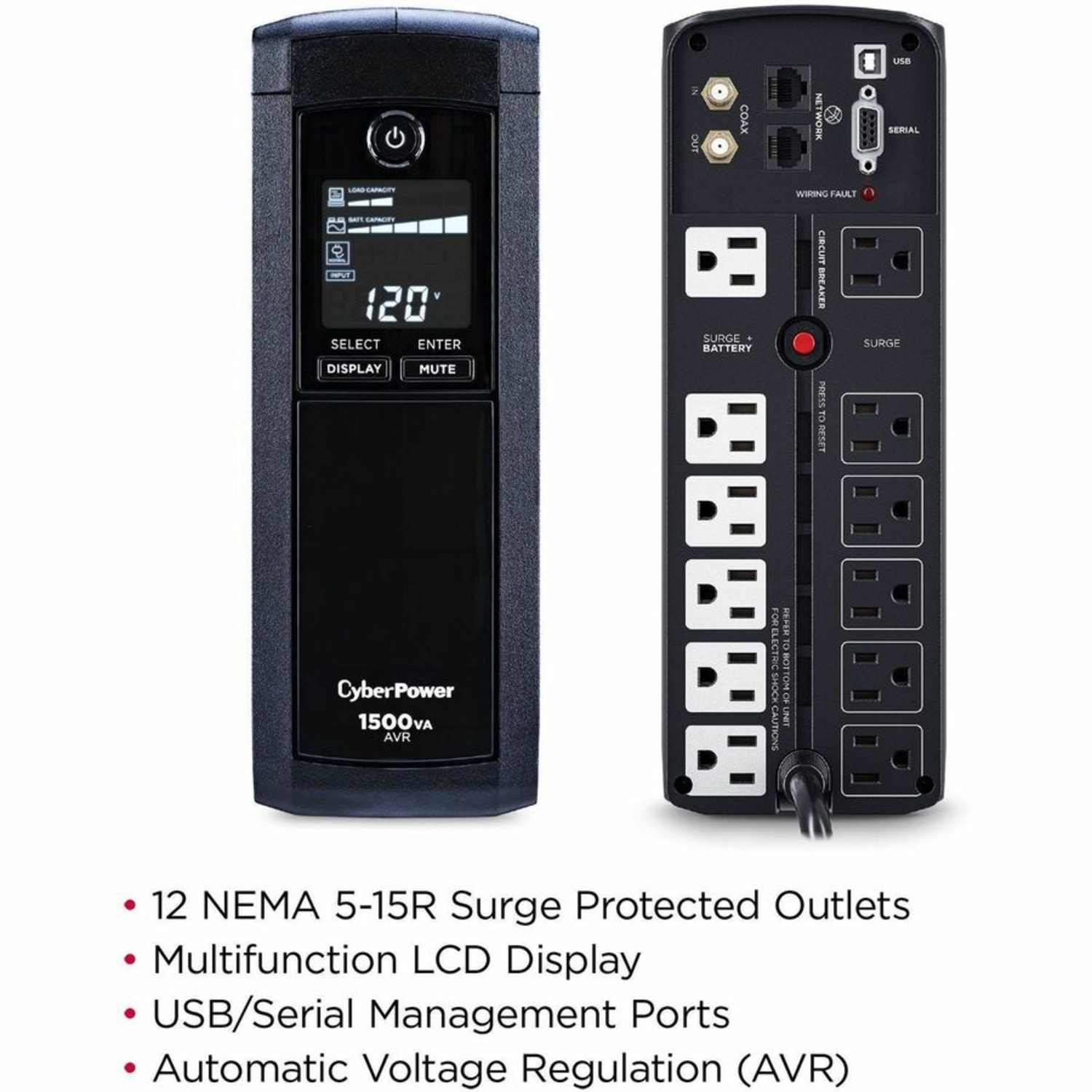 CyberPower CP1500AVRLCDTAA UPS System - 1500VA/900W, NEMA 5-15P, Mini-Tower, 12 Outlets, LCD, PowerPanel Personal, $500000 CEG- CP1500AVRLCDTAA - Image 4