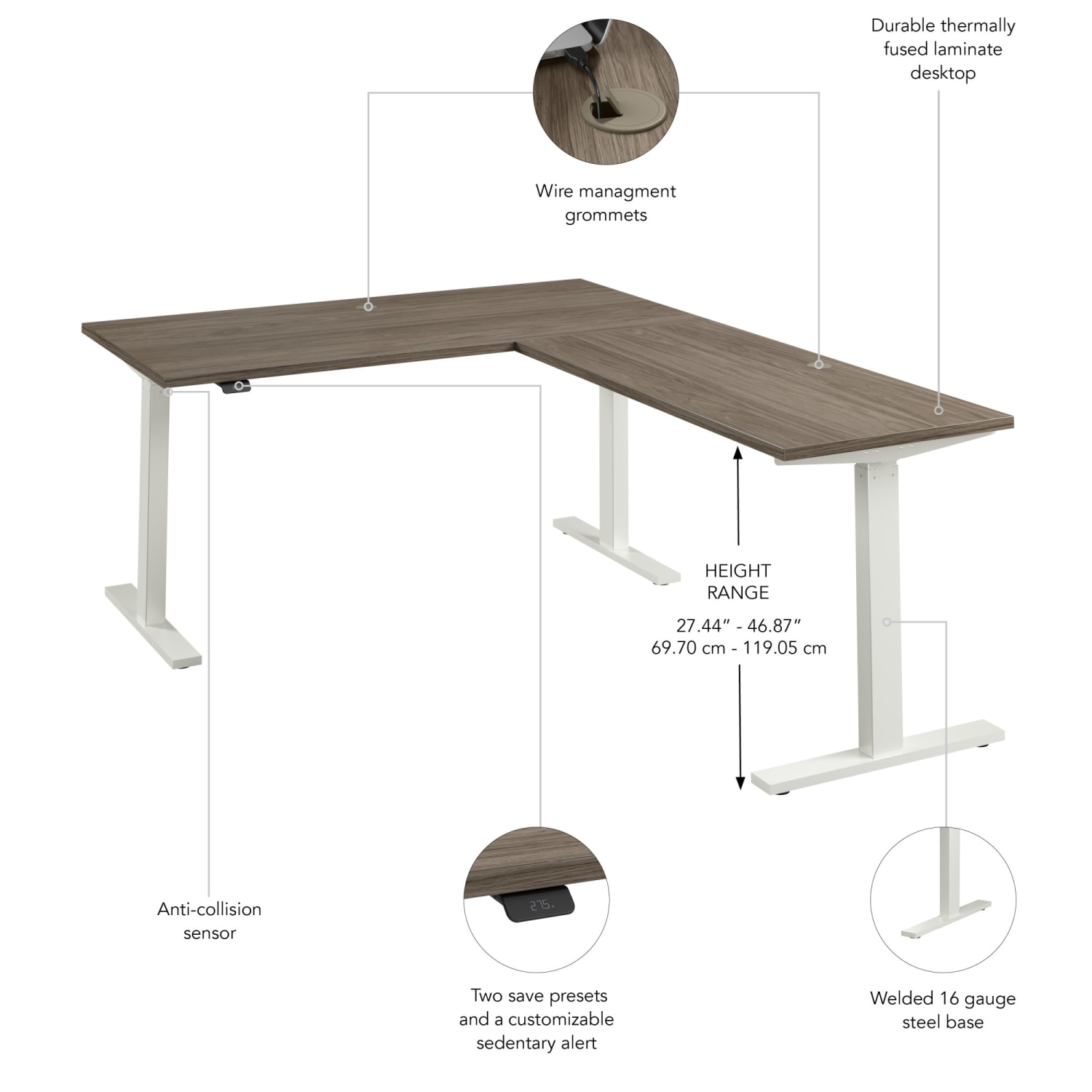 Bush Business Furniture Move 60 Series 60inW Height Adjustable L Shaped Standing Desk, Modern Hickory/White Powder Coat, Standard Delivery - Image 4
