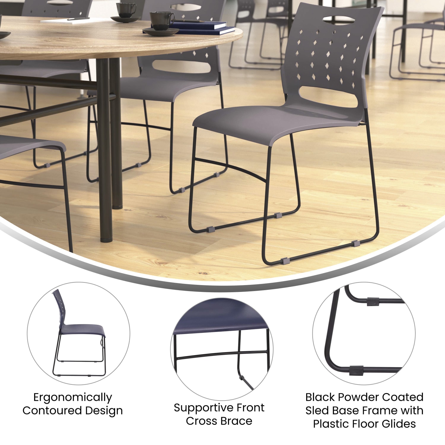 Flash Furniture Sled-Base Stacking Chairs With Handles And Air-Vent Backs, Gray - Image 4