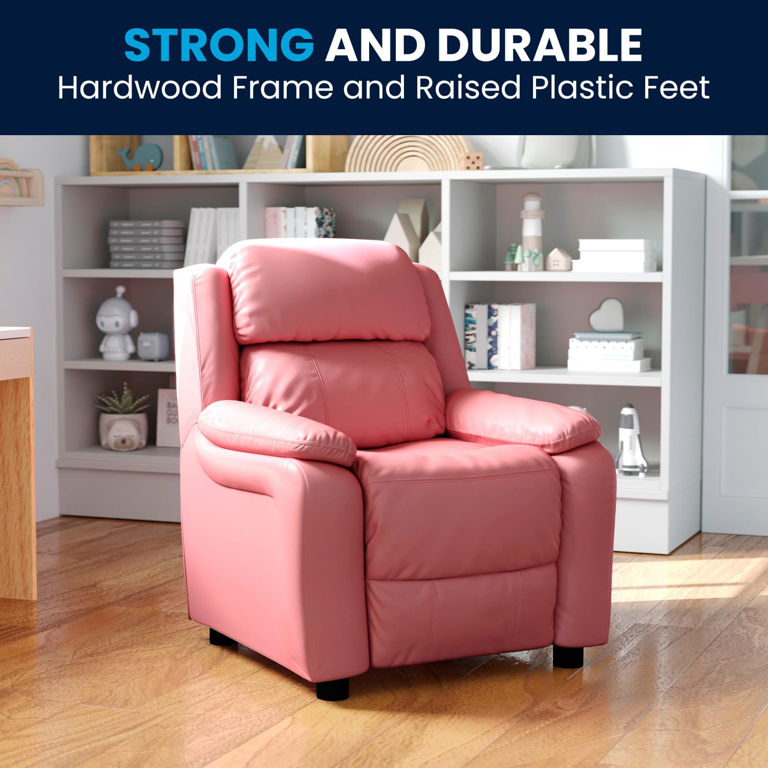Flash Furniture Deluxe Padded Contemporary Vinyl Kids Recliner Accent Chair With Storage Arms, Pink - Image 3