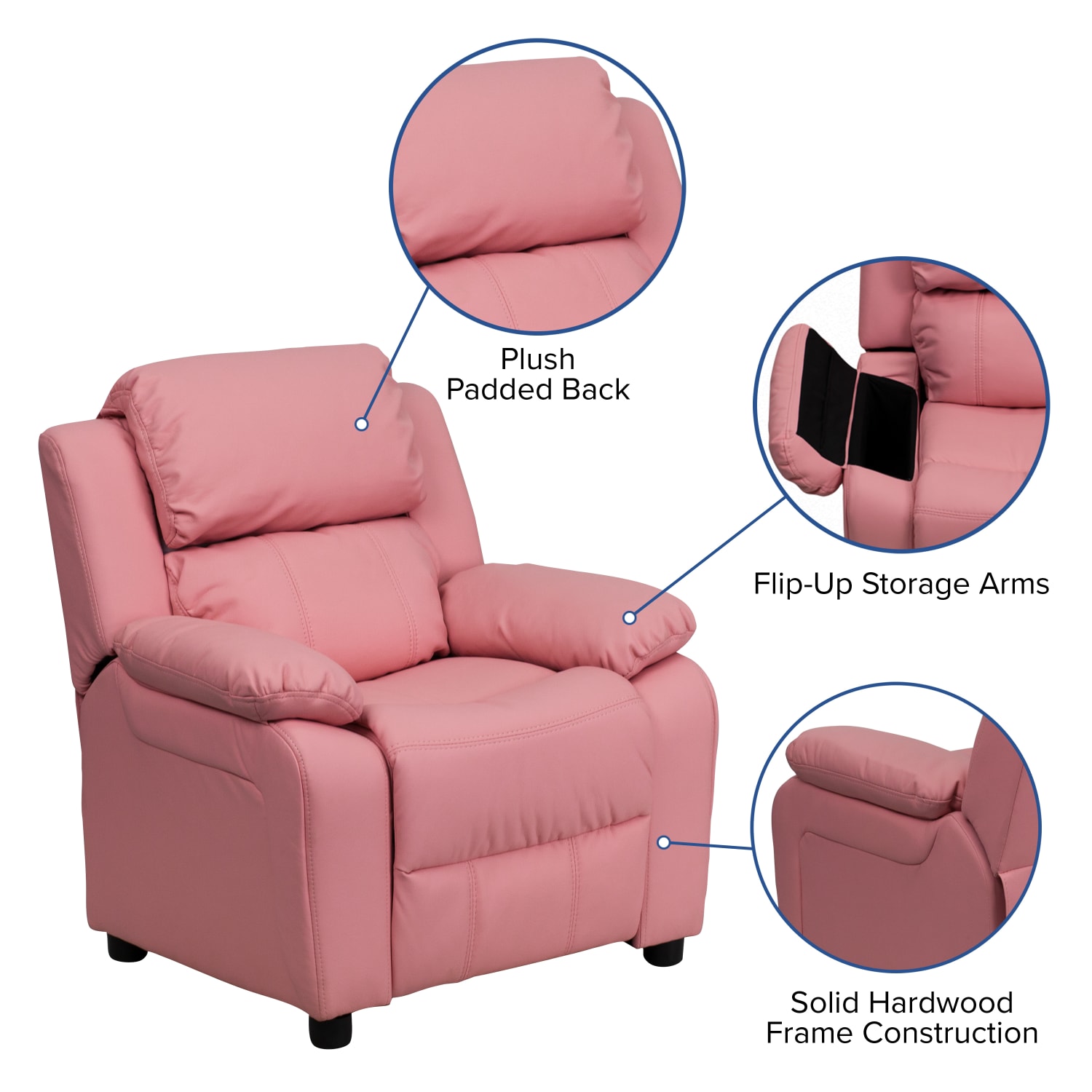 Flash Furniture Deluxe Padded Contemporary Vinyl Kids Recliner Accent Chair With Storage Arms Pink PopularChairscom