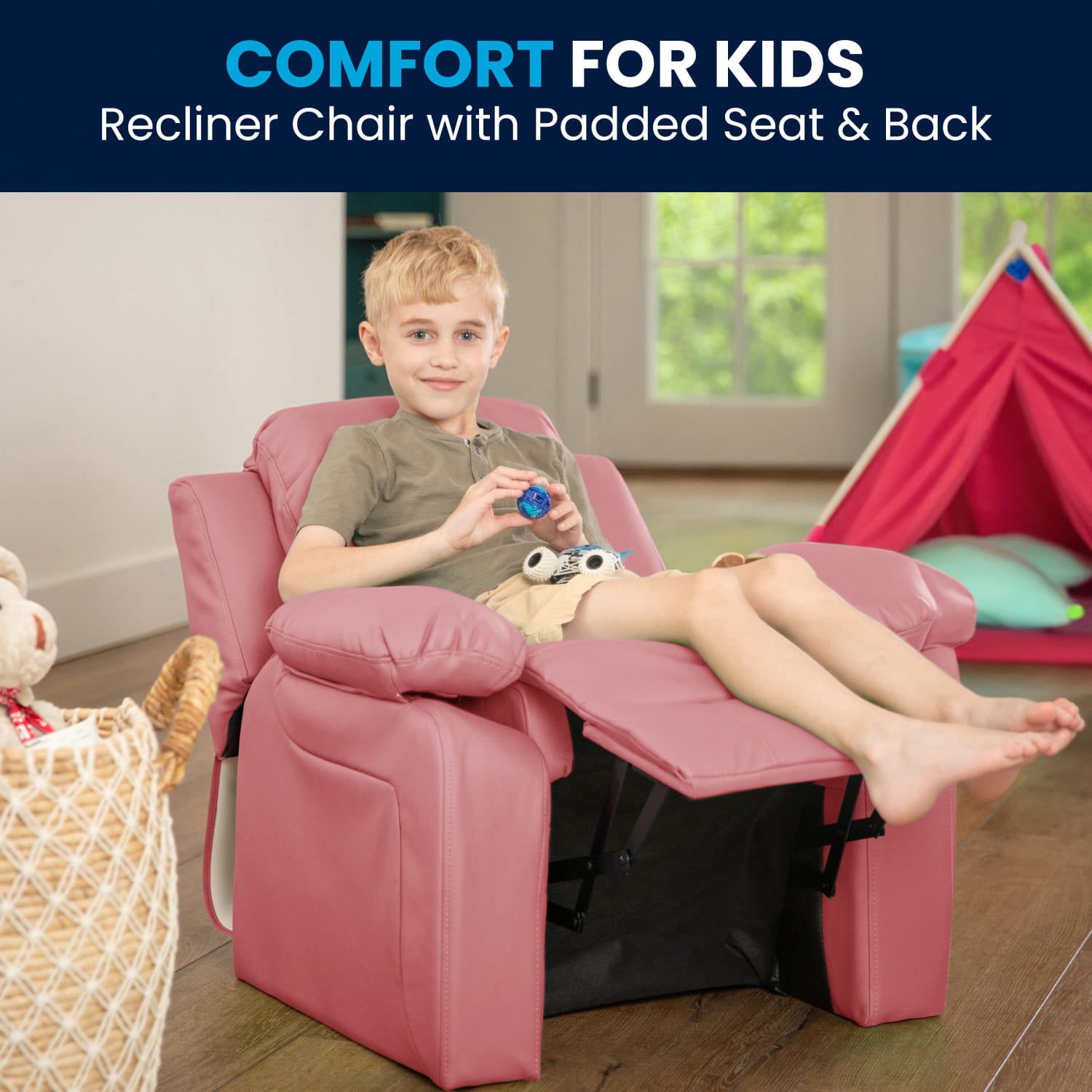 Flash Furniture Deluxe Padded Contemporary Vinyl Kids Recliner Accent Chair With Storage Arms Pink PopularChairscom