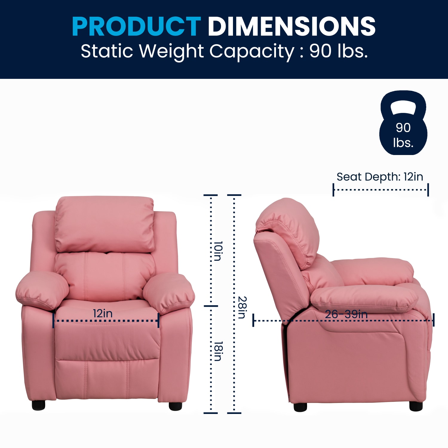 Flash Furniture Deluxe Padded Contemporary Vinyl Kids Recliner Accent Chair With Storage Arms Pink PopularChairscom