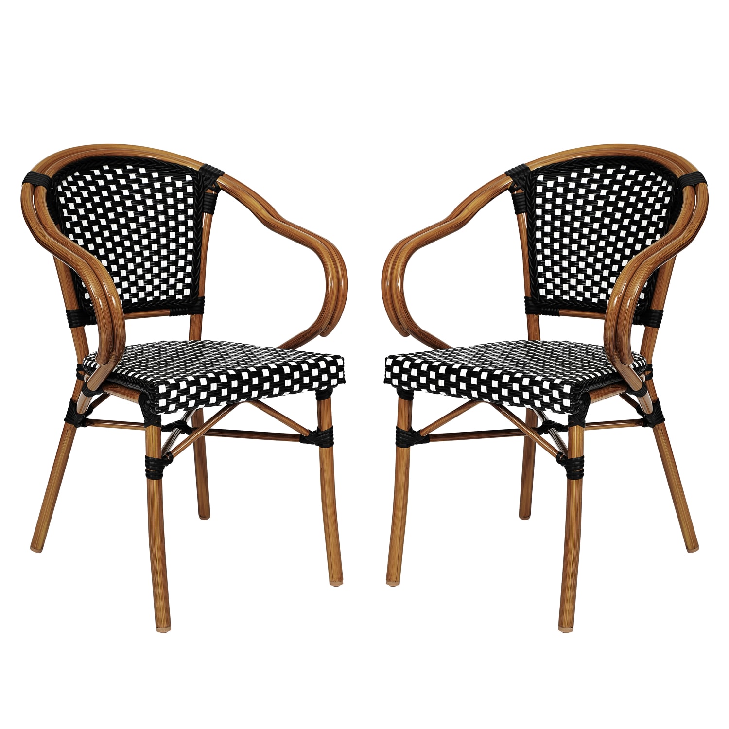 Flash Furniture 2 Pack Bordeaux Indoor/Outdoor Commercial Bistro Stacking Chair with Arms, Black & White/Natural Frame -2SDAS642142BKWN