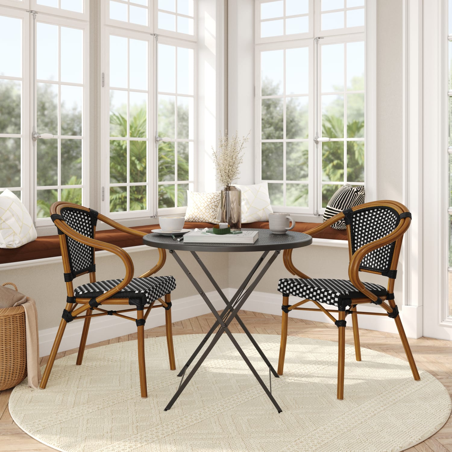 Flash Furniture 2 Pack Bordeaux IndoorOutdoor Commercial Bistro Stacking Chair with Arms Black  WhiteNatural Frame  2SDAS642142BKWN PopularChairscom