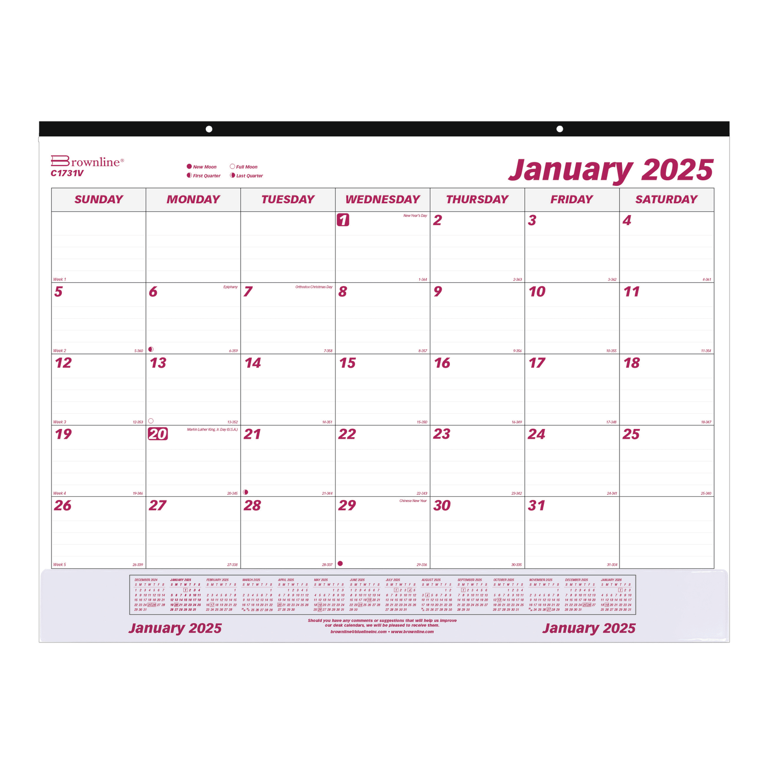 2025 Brownline Monthly Desk Pad Calendar, With Vinyl Strip, 22in x 17in, Burgundy/White, January to December, C1731V