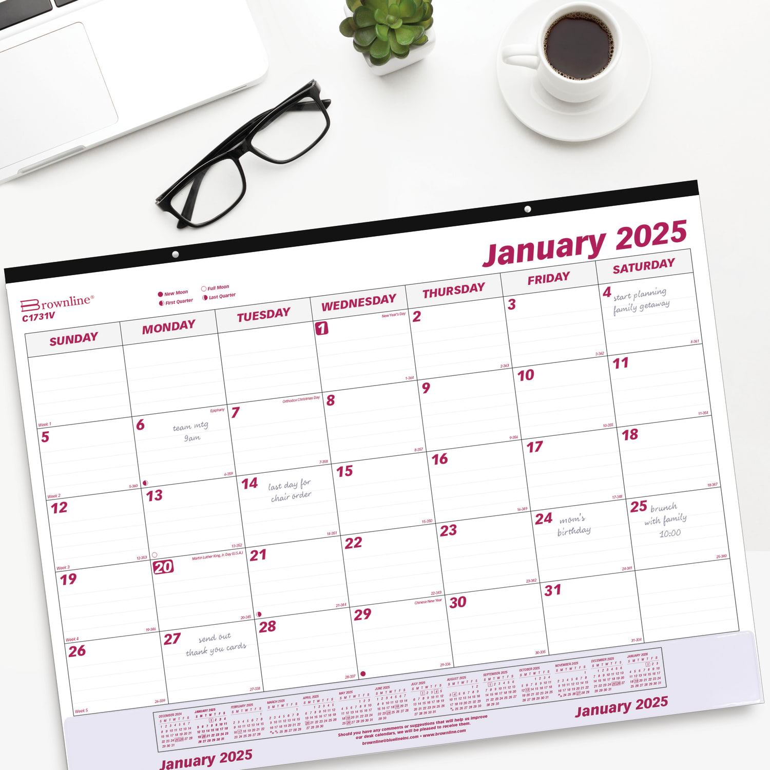 2025 Brownline Monthly Desk Pad Calendar, With Vinyl Strip, 22in x 17in, Burgundy/White, January to December, C1731V - Image 6