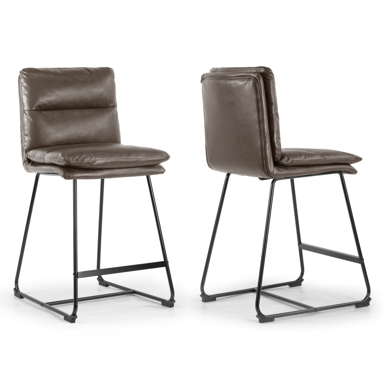 Glamour Home Aulani Faux Leather Counter Height Stools With Puffy Cushions, Brown, Set Of 2 Stools