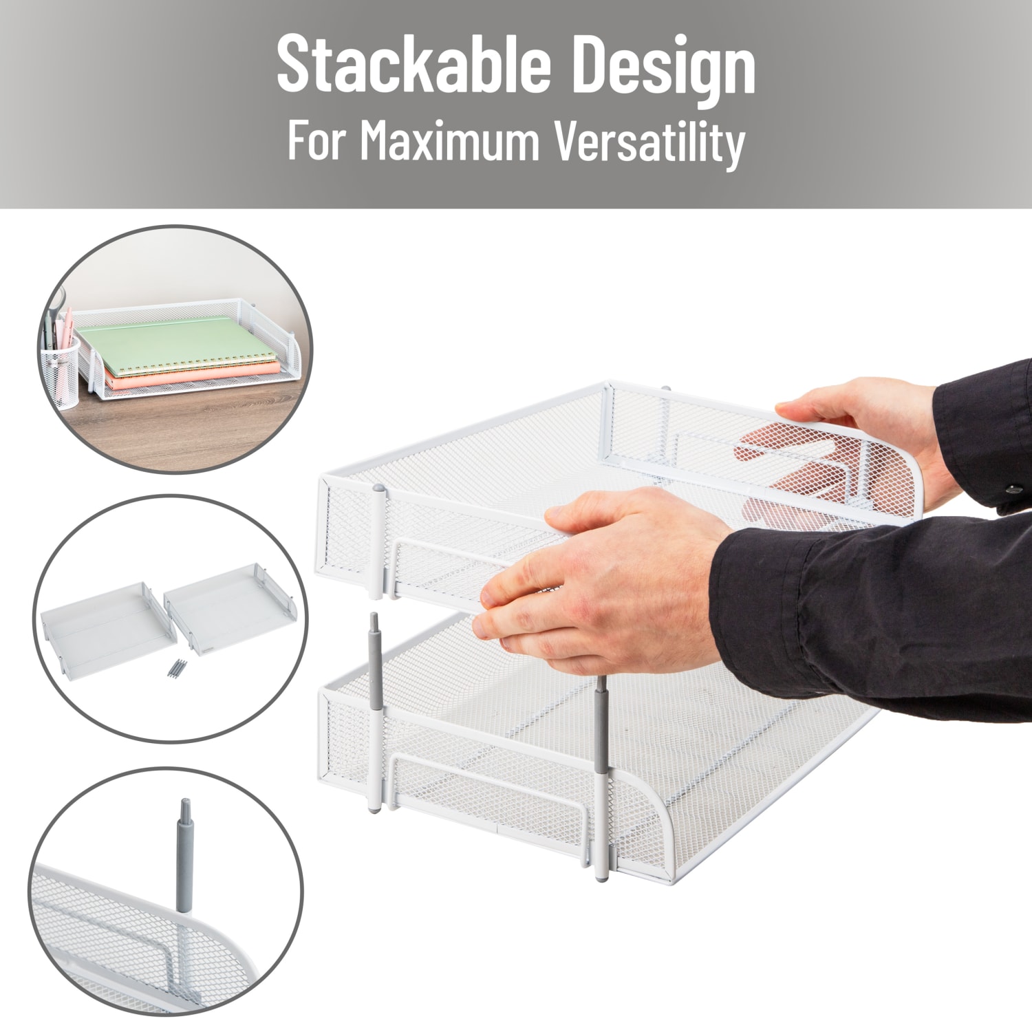 Mind Reader Stackable Desktop Organizer Paper Tray, 7-1/4inH x 10inW x 13-1/2inD, White, Set Of 2 Trays - Image 5
