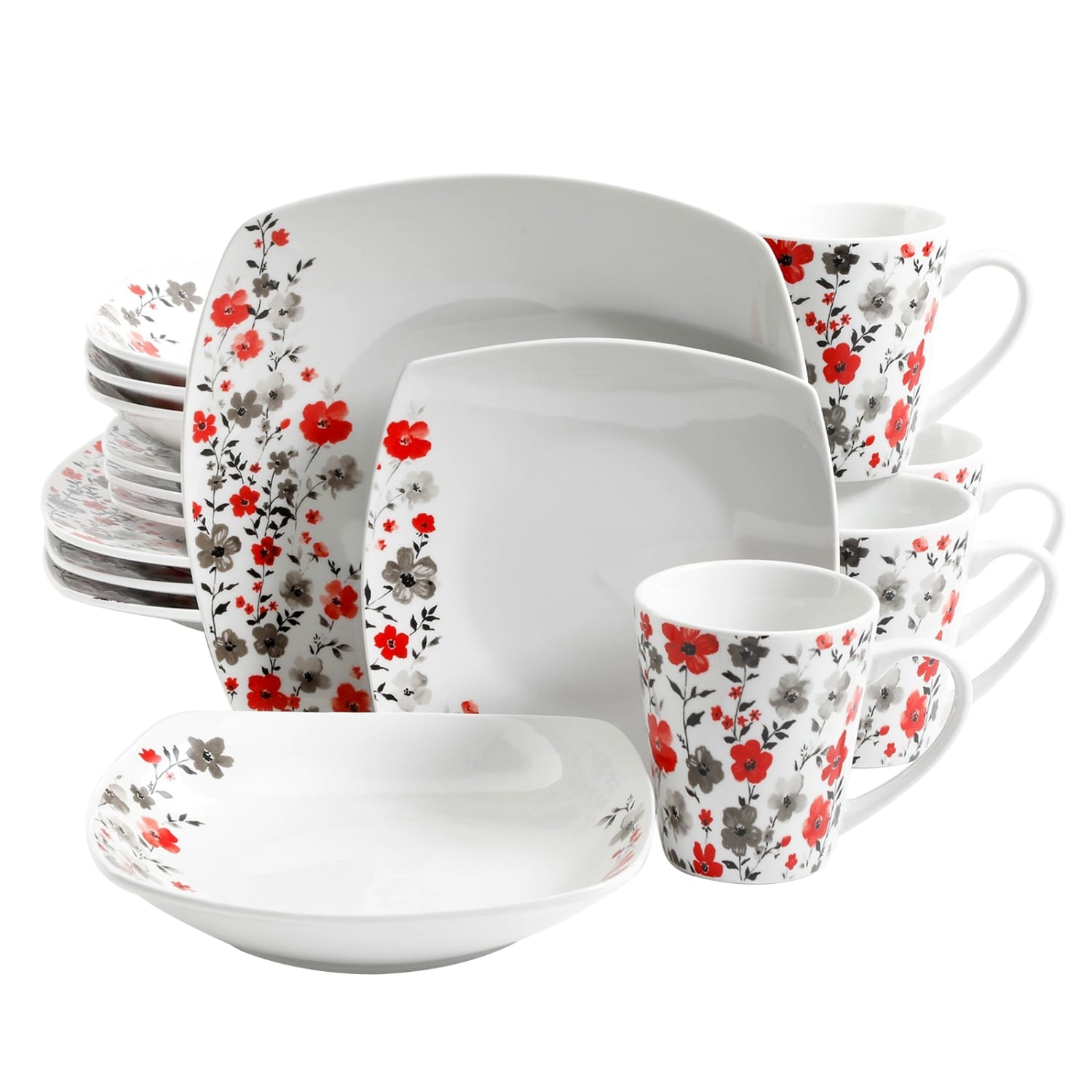 Gibson Home Rosetta Floral 16-Piece Fine Ceramic Dinnerware Set, White Floral - Image 6