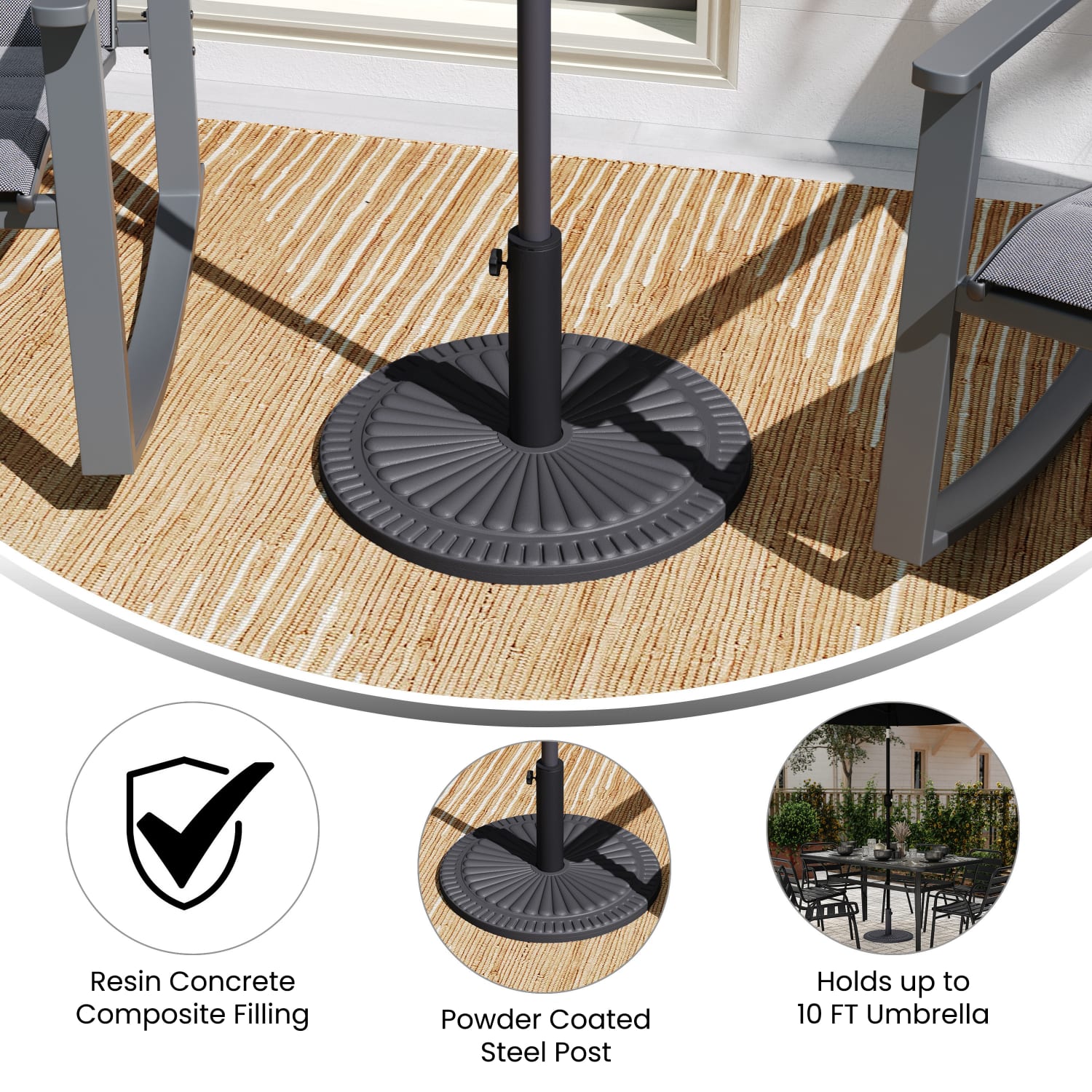 Flash Furniture Kona Universal Cement Patio Umbrella Base with Sunburst Patterned Weatherproof Plastic Polymer Coating, Black - Image 4