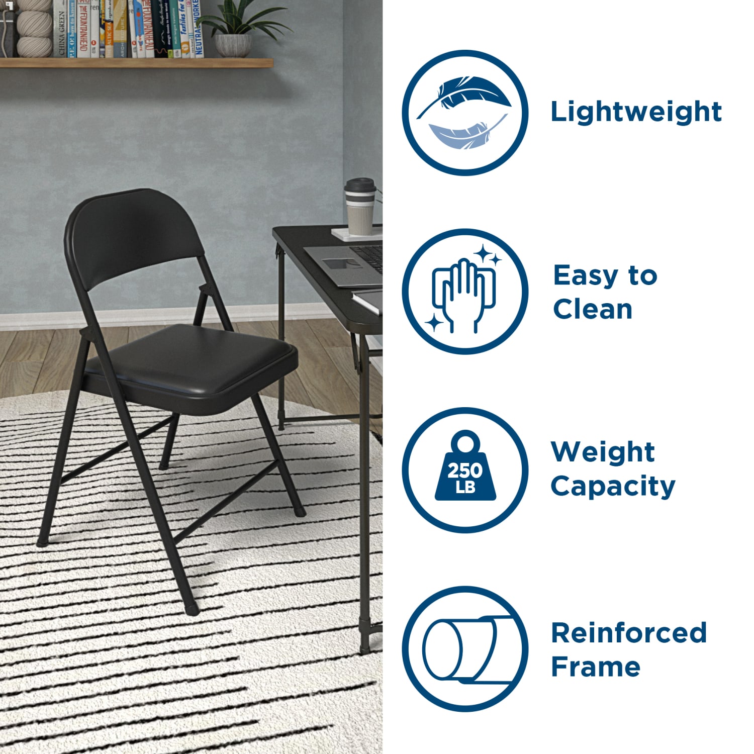 COSCO SmartFold Vinyl Folding Chairs, Black, Pack Of 4 Chairs - Image 4