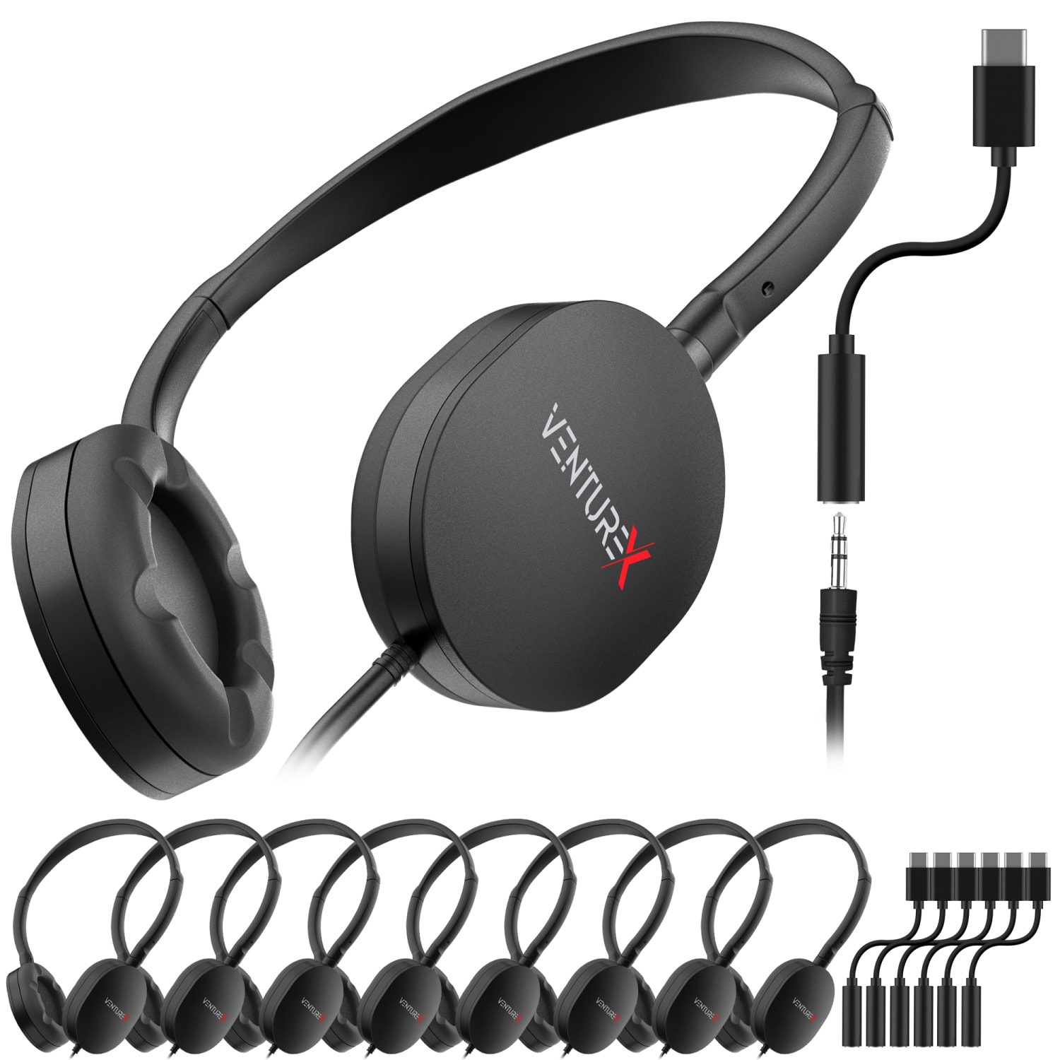 VentureX K22 Wired Kids Headsets, 3.5mm/USB-C, Black, Total Qty 50