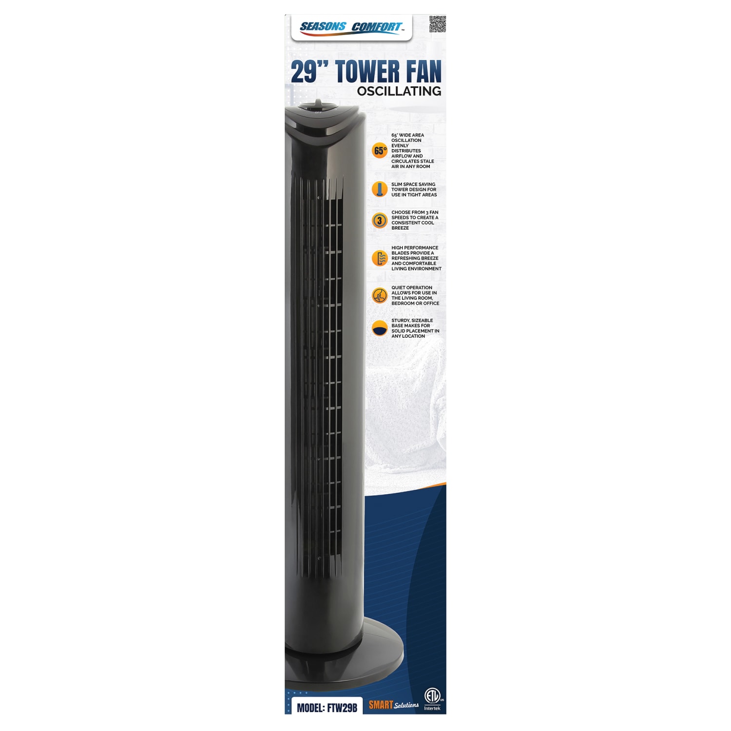 Seasons Comfort 3-Speed Oscillating Tower Fan, 29-3/16inH x 9-1/16inW x 9-1/16inD, Black - Image 3
