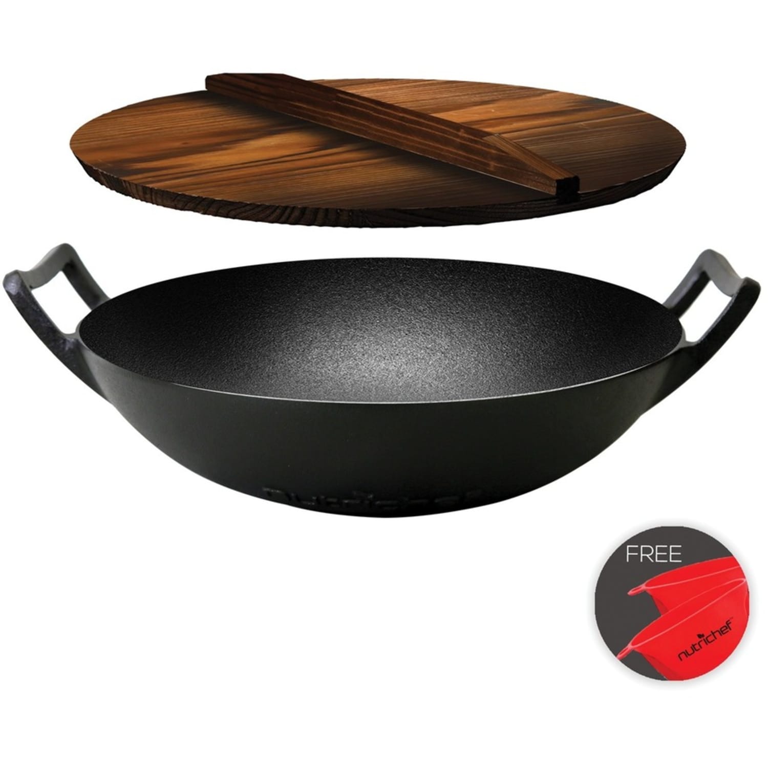 NutriChef Pre-Seasoned Cooking Wok - Cast Iron Stir Fry Wok with Wooden Lid - 2 Pieces - Cooking, Frying - NCCIWOK60 - Image 5