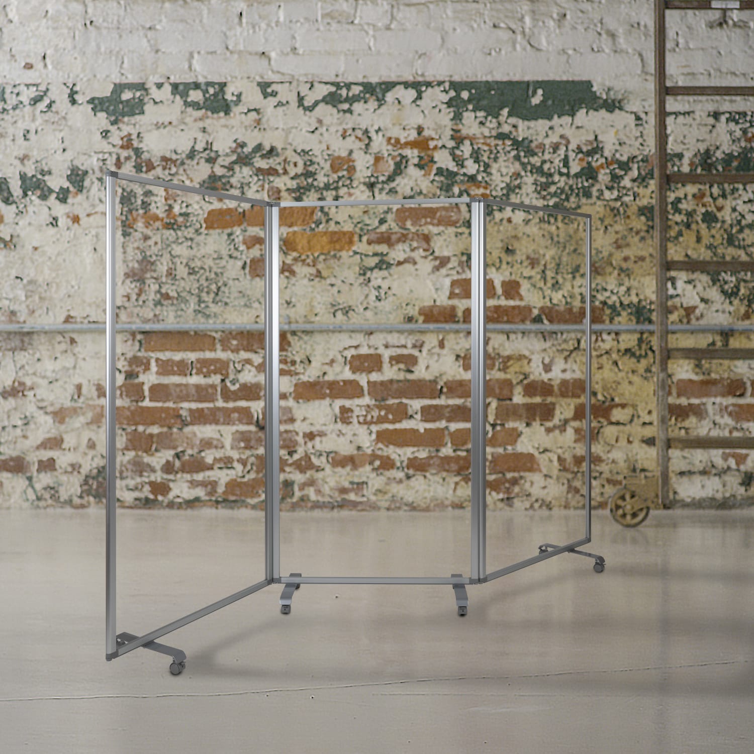 Flash Furniture Transparent Acrylic Mobile Partition With Lockable Casters, 72-3/16inH x 106-1/2inW x 25-7/16inD, Clear