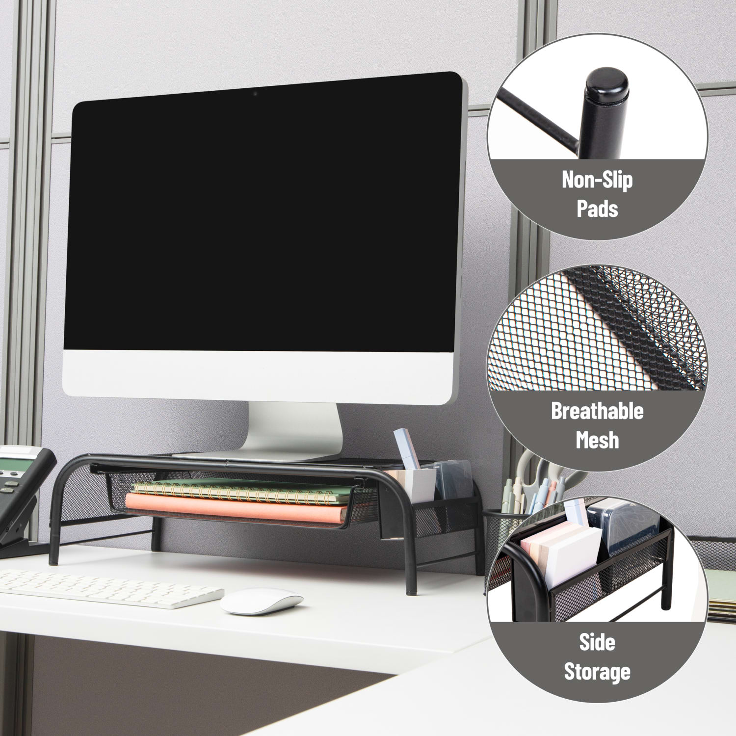 Mind Reader Monitor Stand Ventilated Laptop Riser Metal Paper Tray, 5 1/2inH x 11 1/2inW x 20inD, Black, Set of 2 Organizers - Image 5