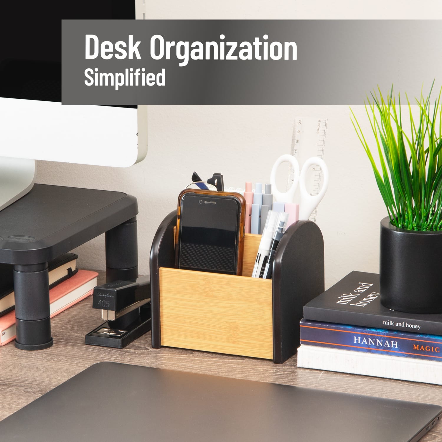 Mind Reader Desktop Organizer with 3 Compartments, Wood, 5inH x 4-1/2inW x 5-1/2inL, Black - Image 3