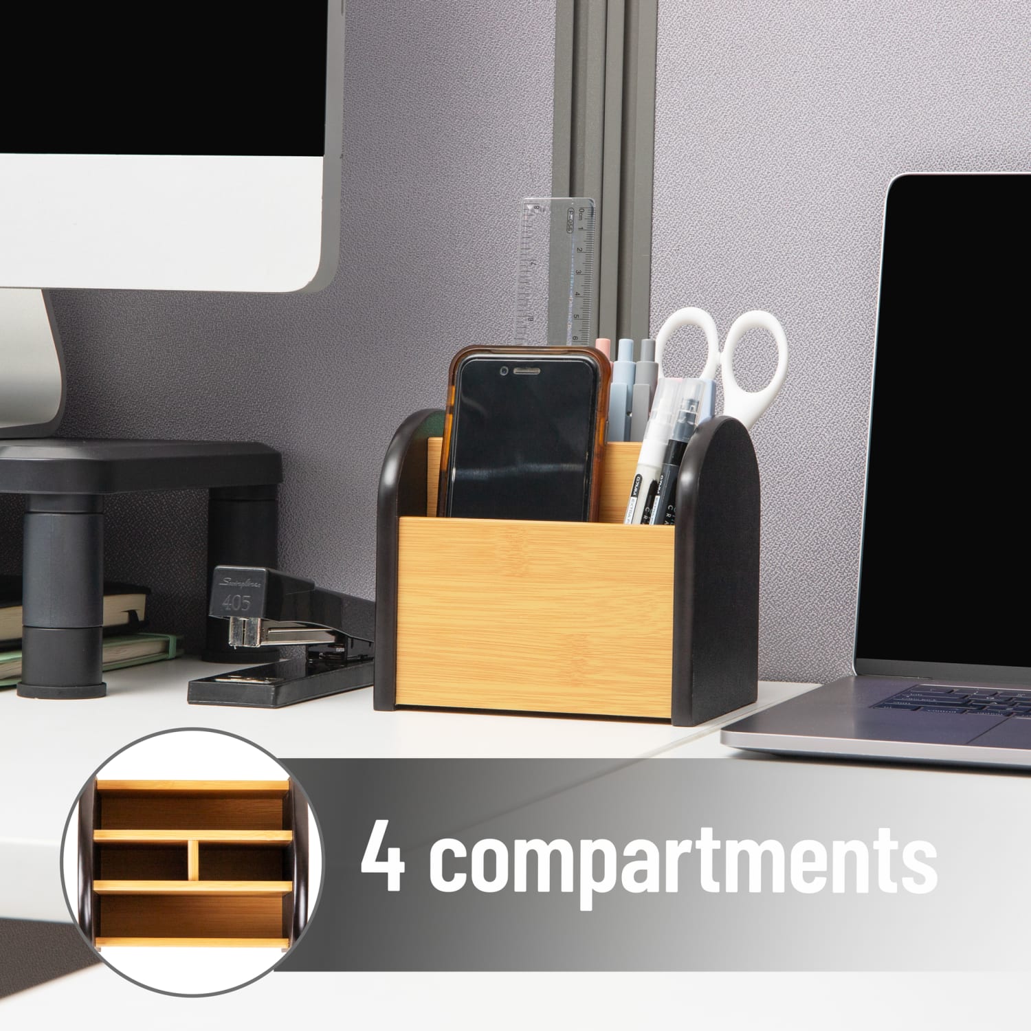 Mind Reader Desktop Organizer with 3 Compartments, Wood, 5inH x 4-1/2inW x 5-1/2inL, Black - Image 5