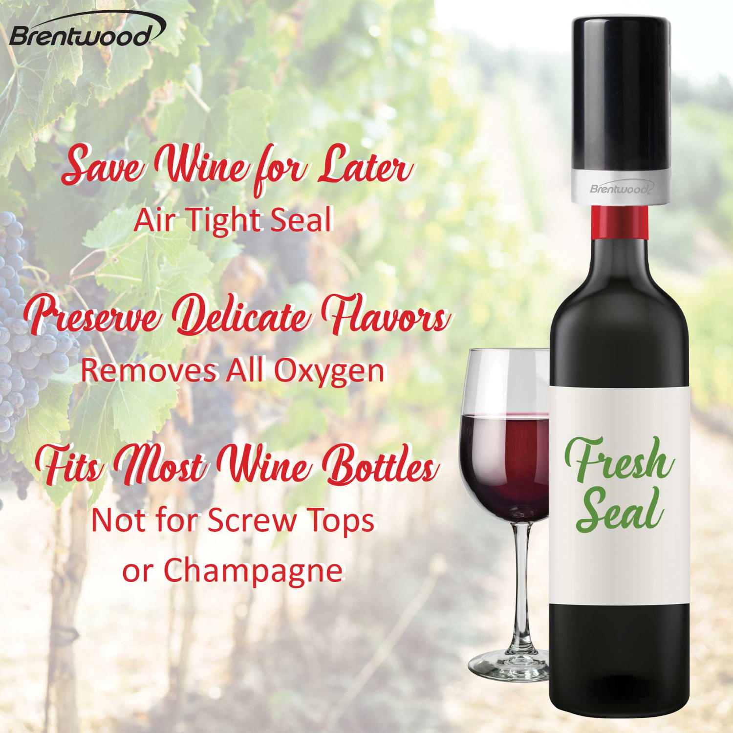 Brentwood Portable Automatic Vacuum Wine Preserver and Bottle Stopper, 3-1/4inH x 1-3/4inW x 1-3/4inD, Black - Image 5