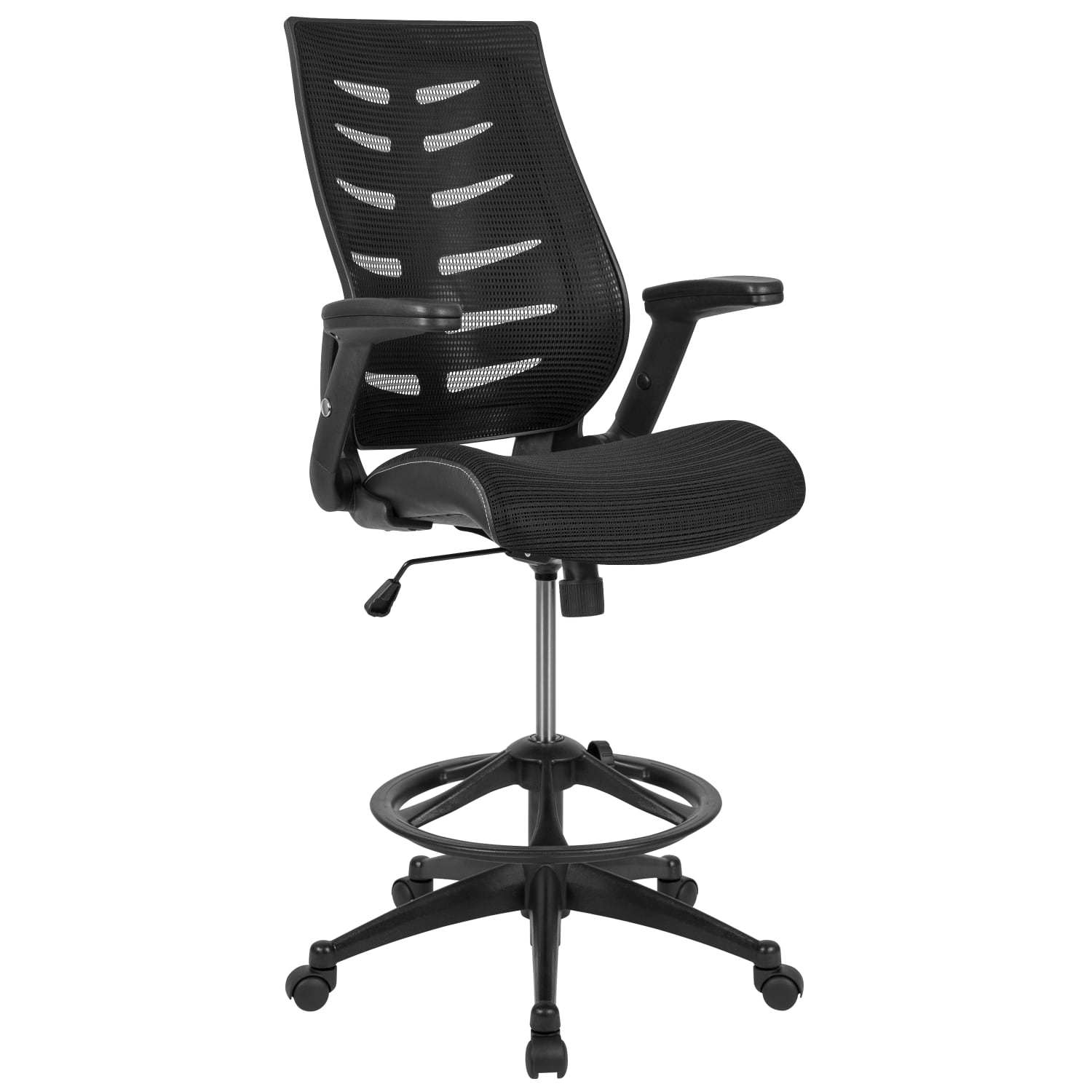 Flash Furniture High Back Mesh Spine-Back Ergonomic Drafting Chair with Adjustable Foot Ring and Adjustable Flip-Up Arms, Black - Image 3