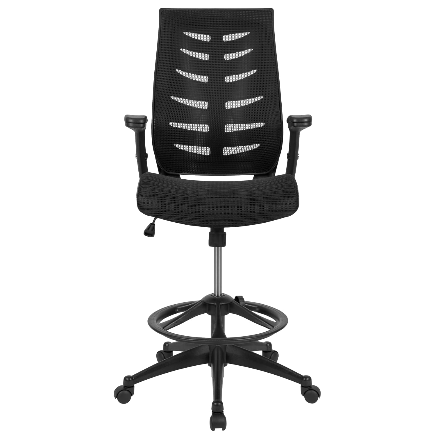 Flash Furniture High Back Mesh SpineBack Ergonomic Drafting Chair with Adjustable Foot Ring and Adjustable FlipUp Arms Black PopularChairscom Flash Furniture High Back Mesh Spine Back Ergonomic Drafting Chair with Adjustable Foot Ring and Adjustable Flip Up Arms Black PopularChairscom
