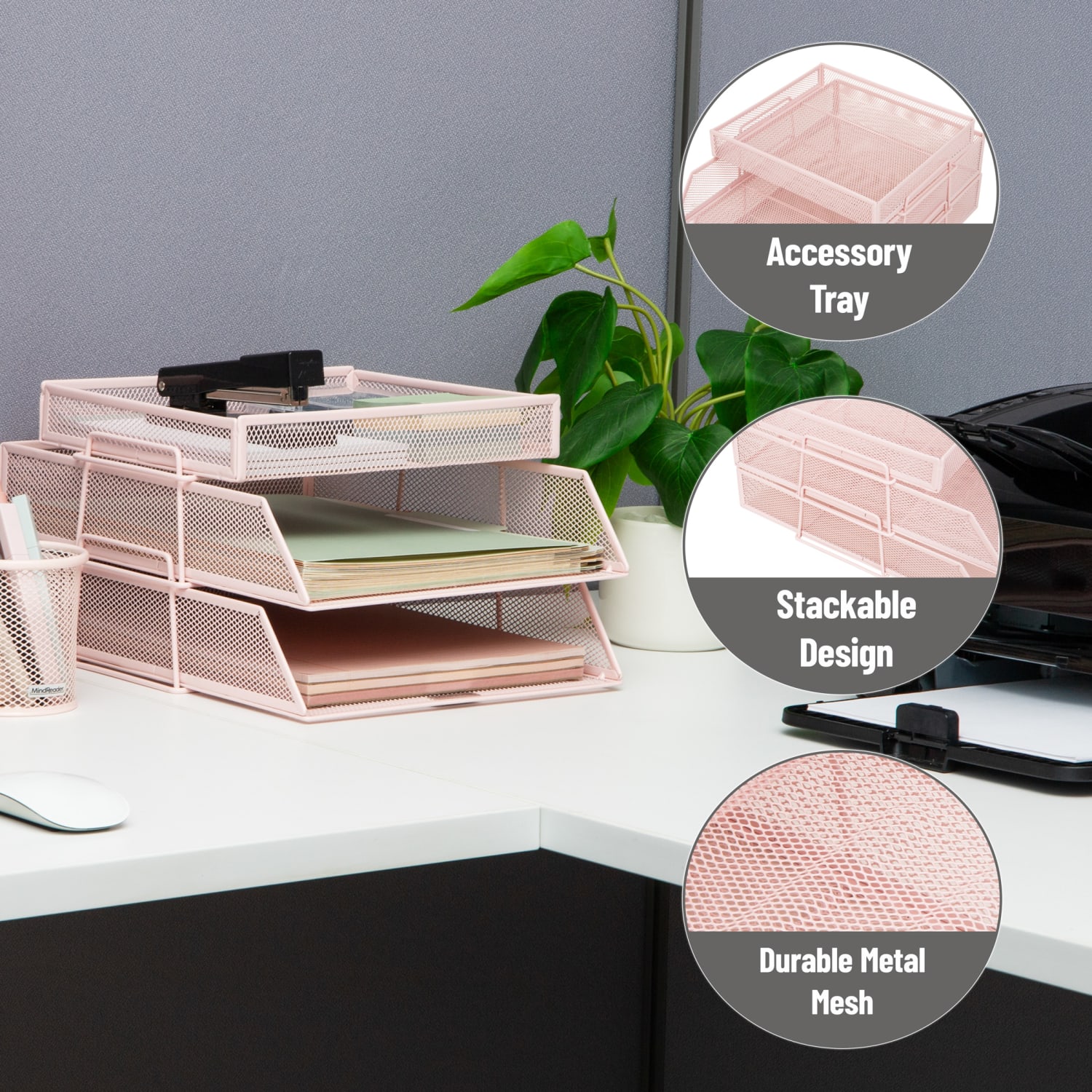 Mind Reader 2-Tier Paper Tray With Top Supply Compartment, 6-3/4inH x 13-1/4inW x 10-1/2inD, Pink - Image 5