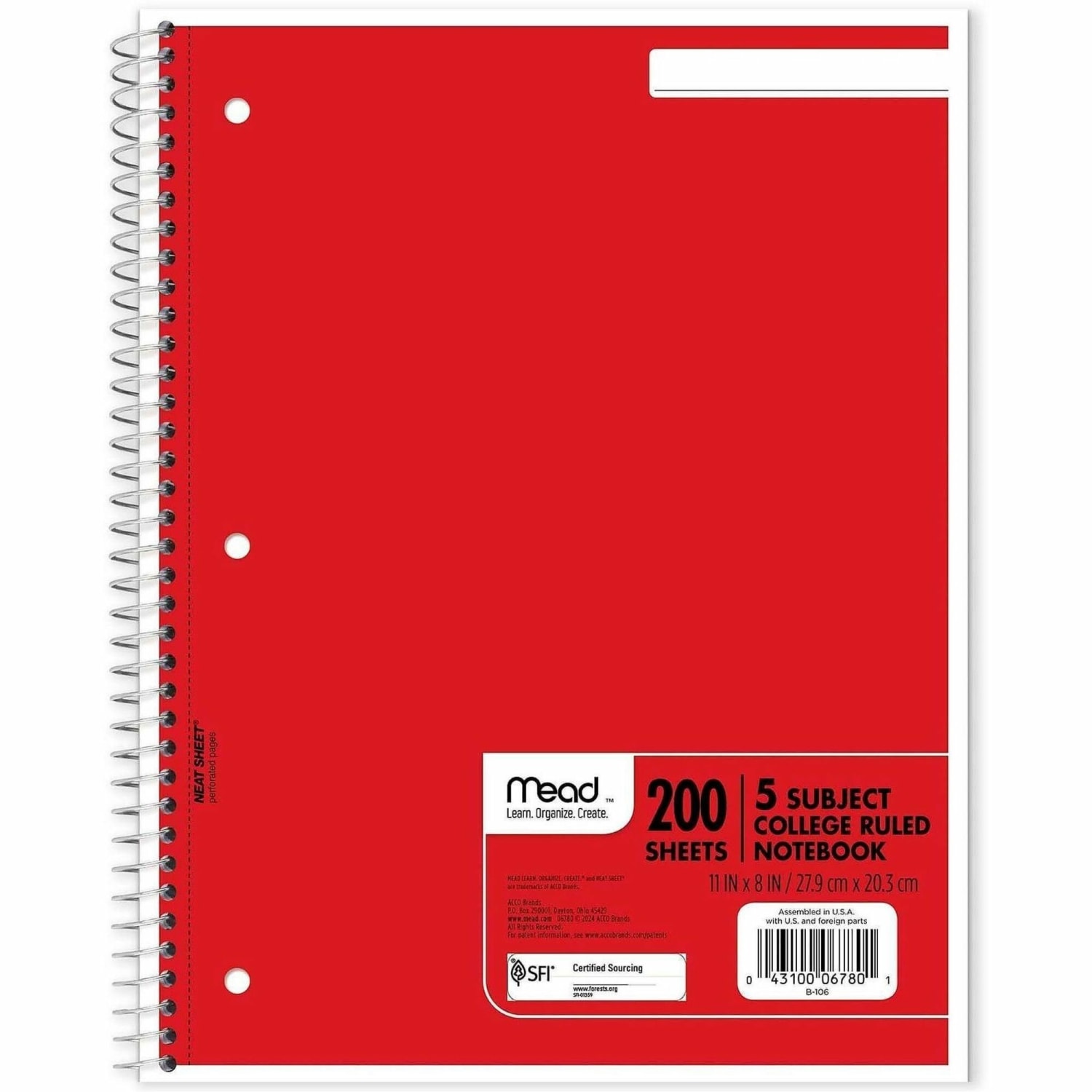 Mead Wirebound Notebook, 8 1/2in x 11in, 5 Subject, 200 Sheets, Assorted Colors