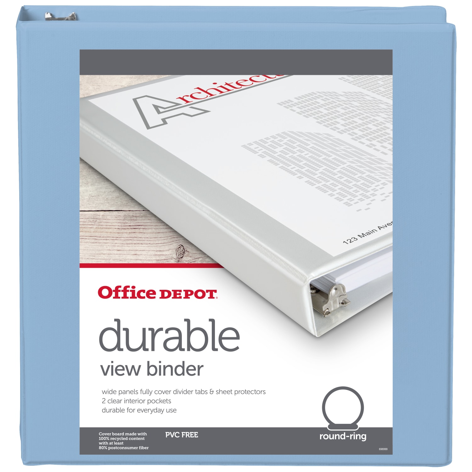 Office Depot Brand 3-Ring Durable View Binder, 1-1/2in Round Rings, Baby Blue - Image 3