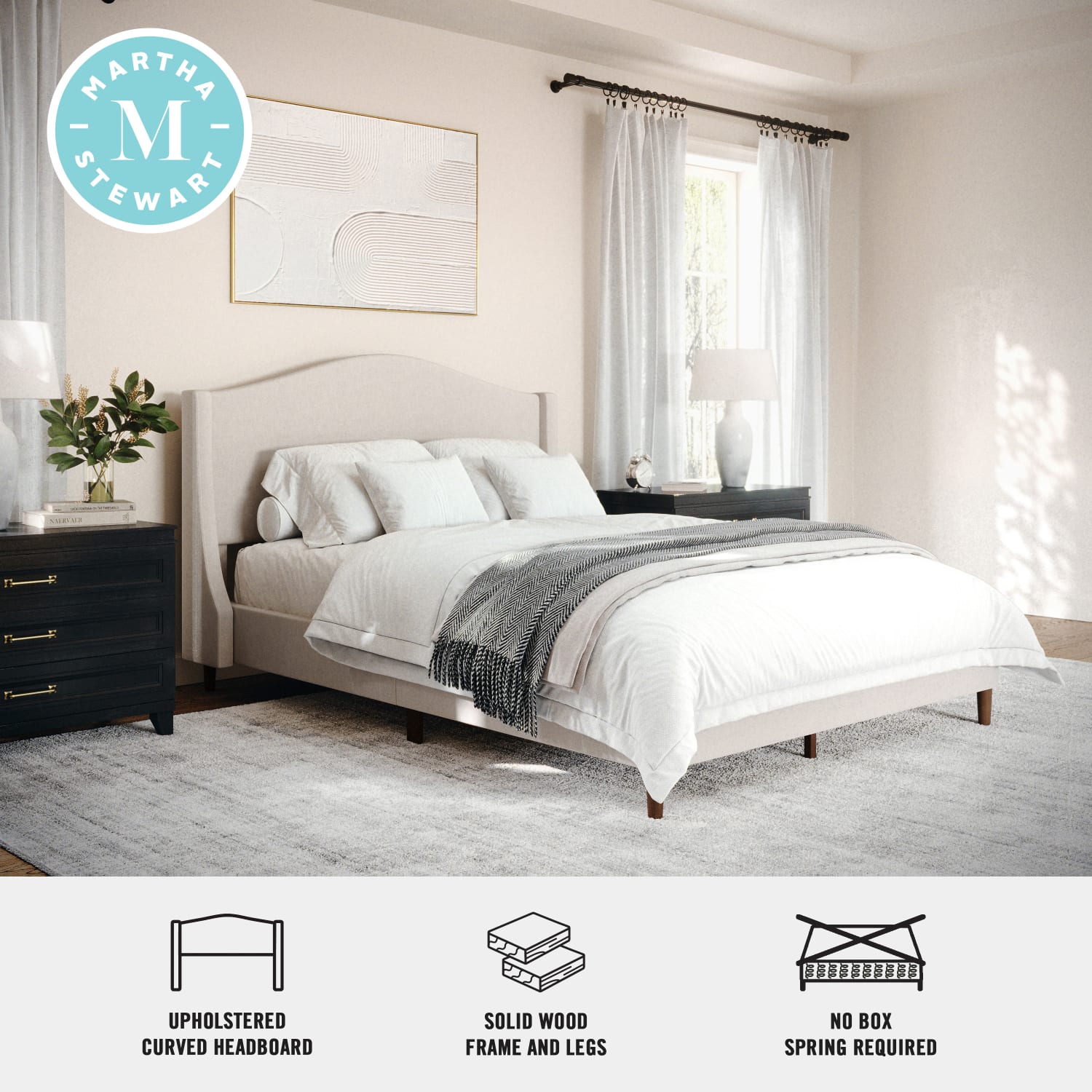 Martha Stewart Amelia Upholstered Platform Bed with Curved Headboard and Cushioned Siderails - TW3WDB02BFBG - Image 4