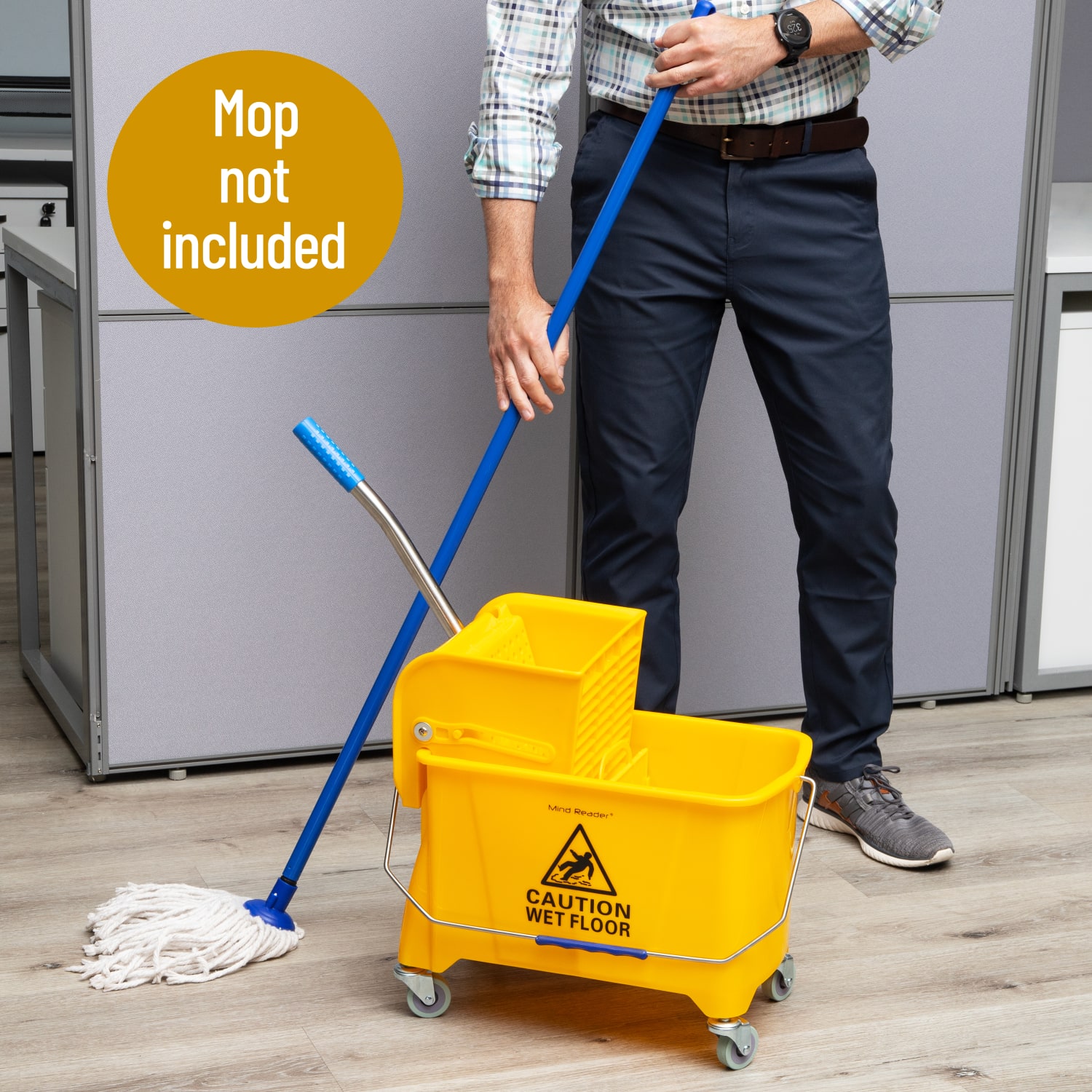 Mind Reader Mobile Heavy-Duty Mop Bucket With Upward Press Wringer, 5.5 Gallon, 24-1/2inH x 10-3/4inW x 16-1/4inD, Yellow - Image 3