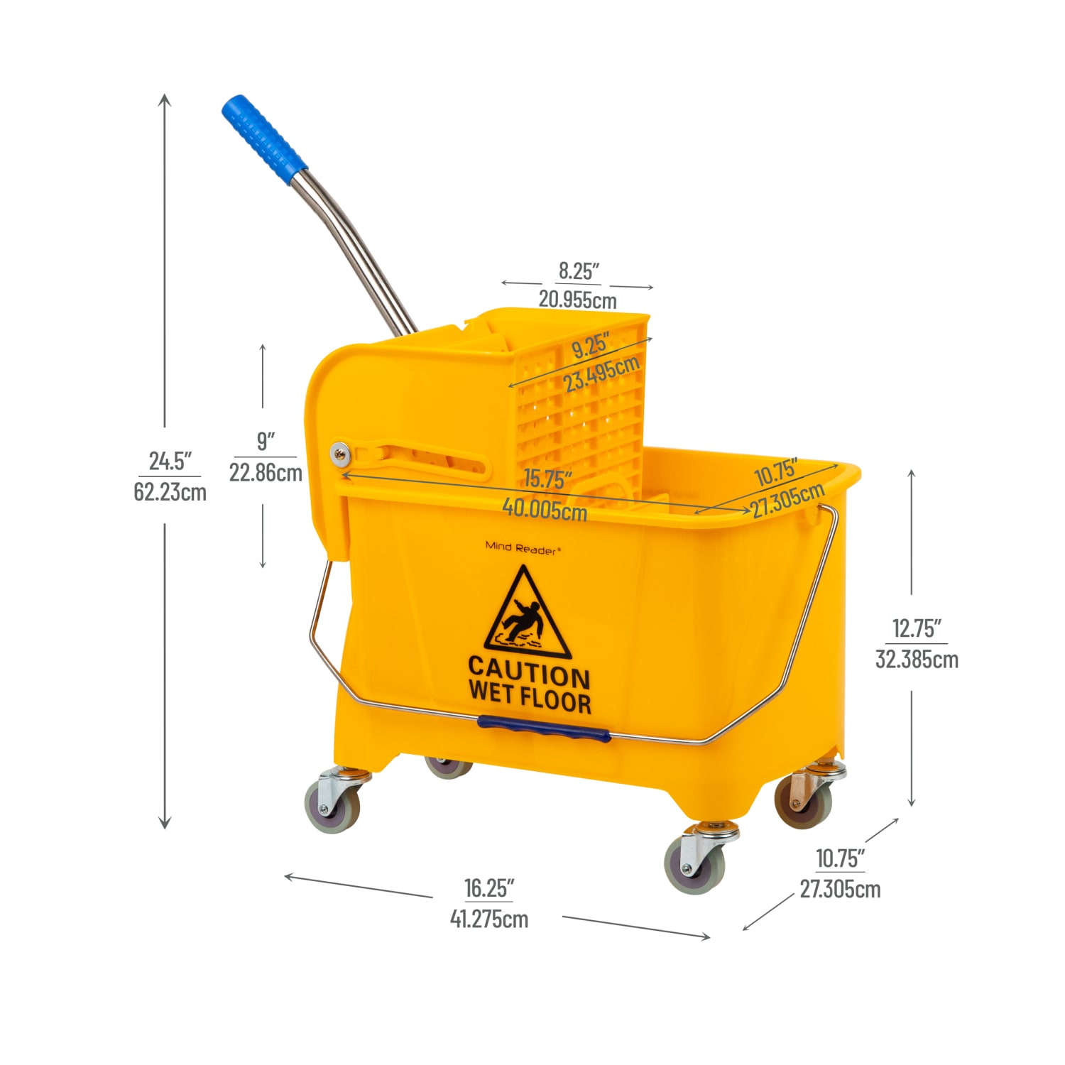 Mind Reader Mobile Heavy-Duty Mop Bucket With Upward Press Wringer, 5.5 Gallon, 24-1/2inH x 10-3/4inW x 16-1/4inD, Yellow - Image 5