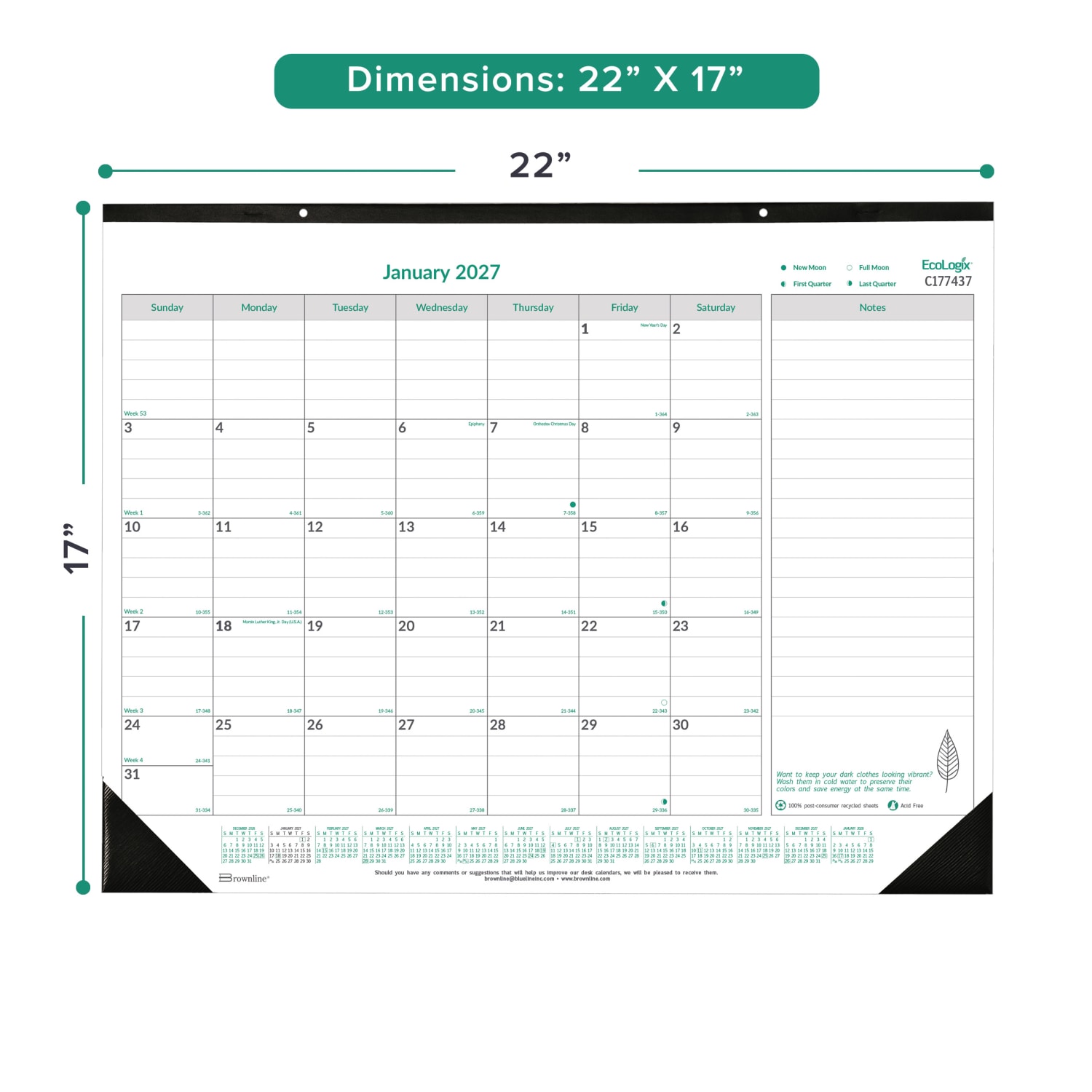 2027 Brownline EcoLogix Monthly Desk Pad Calendar, 22in x 17in, 100% Recycled, Green/White, January to December, C177437, Total Qty 1 - Image 3