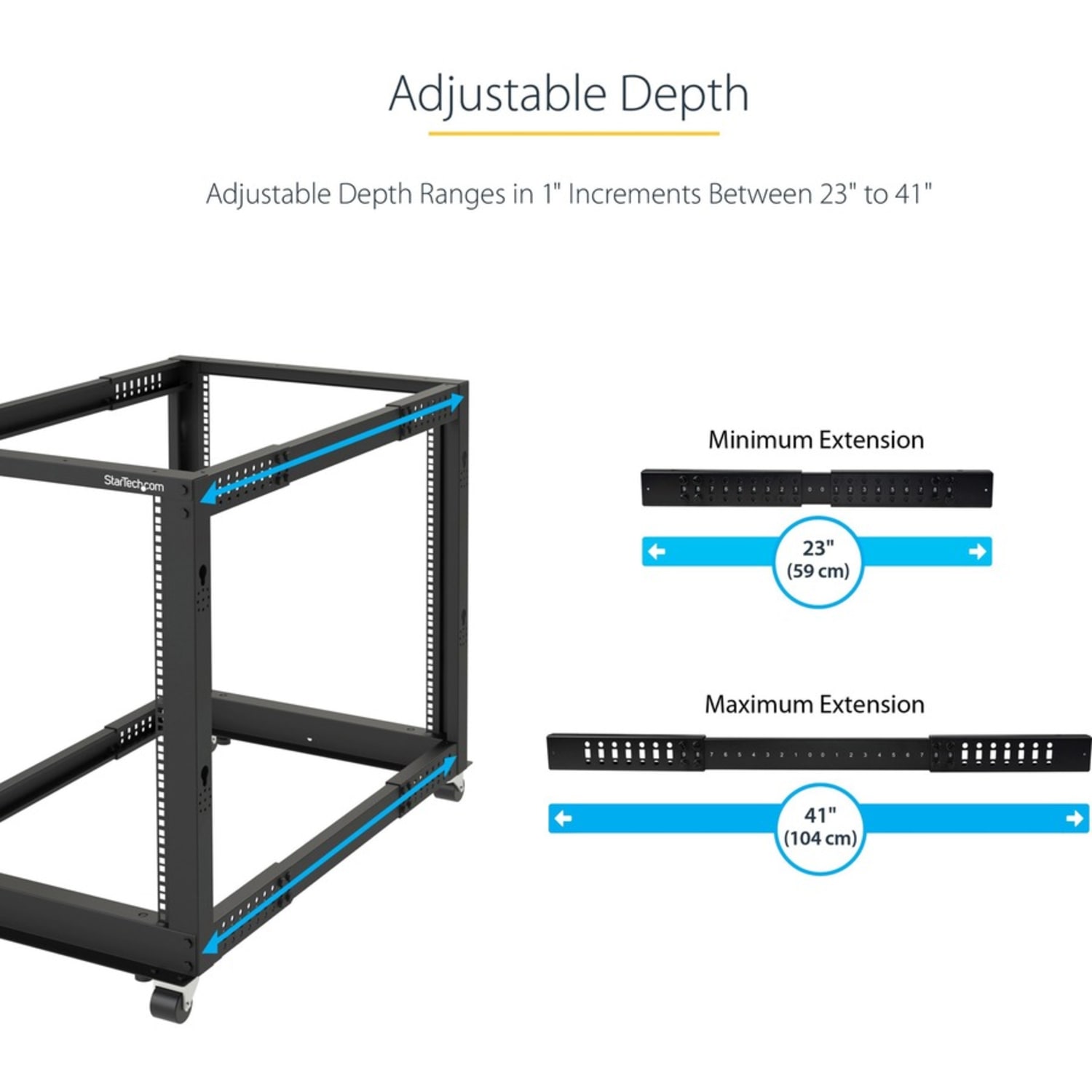StarTech.com 15U Open Frame Rack - 4 Post - 22-40 in. Adjustable Depth - 1200 lbs Weight Capacity - Includes Casters (4POSTRACK15U) - Image 3