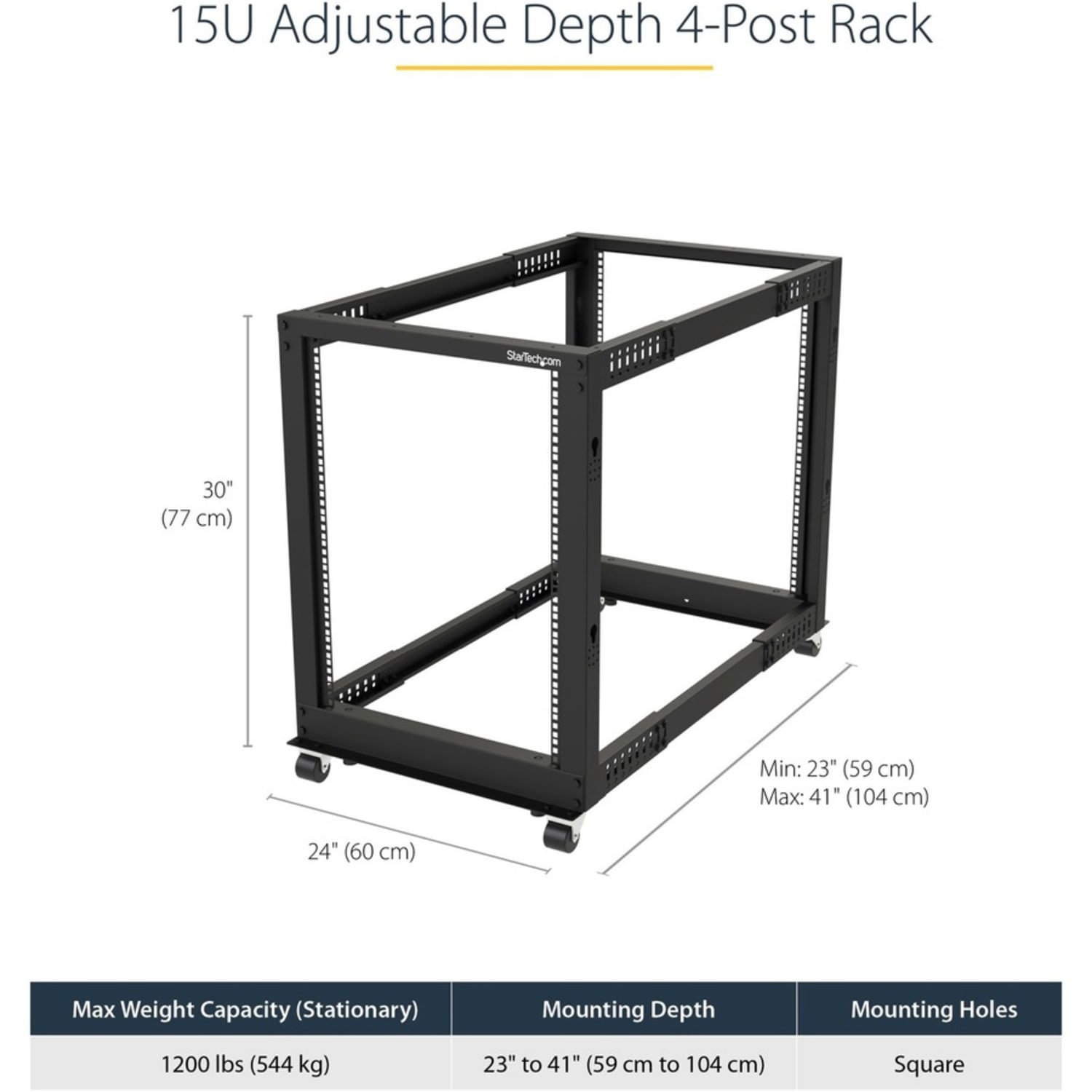 StarTech.com 15U Open Frame Rack - 4 Post - 22-40 in. Adjustable Depth - 1200 lbs Weight Capacity - Includes Casters (4POSTRACK15U) - Image 4