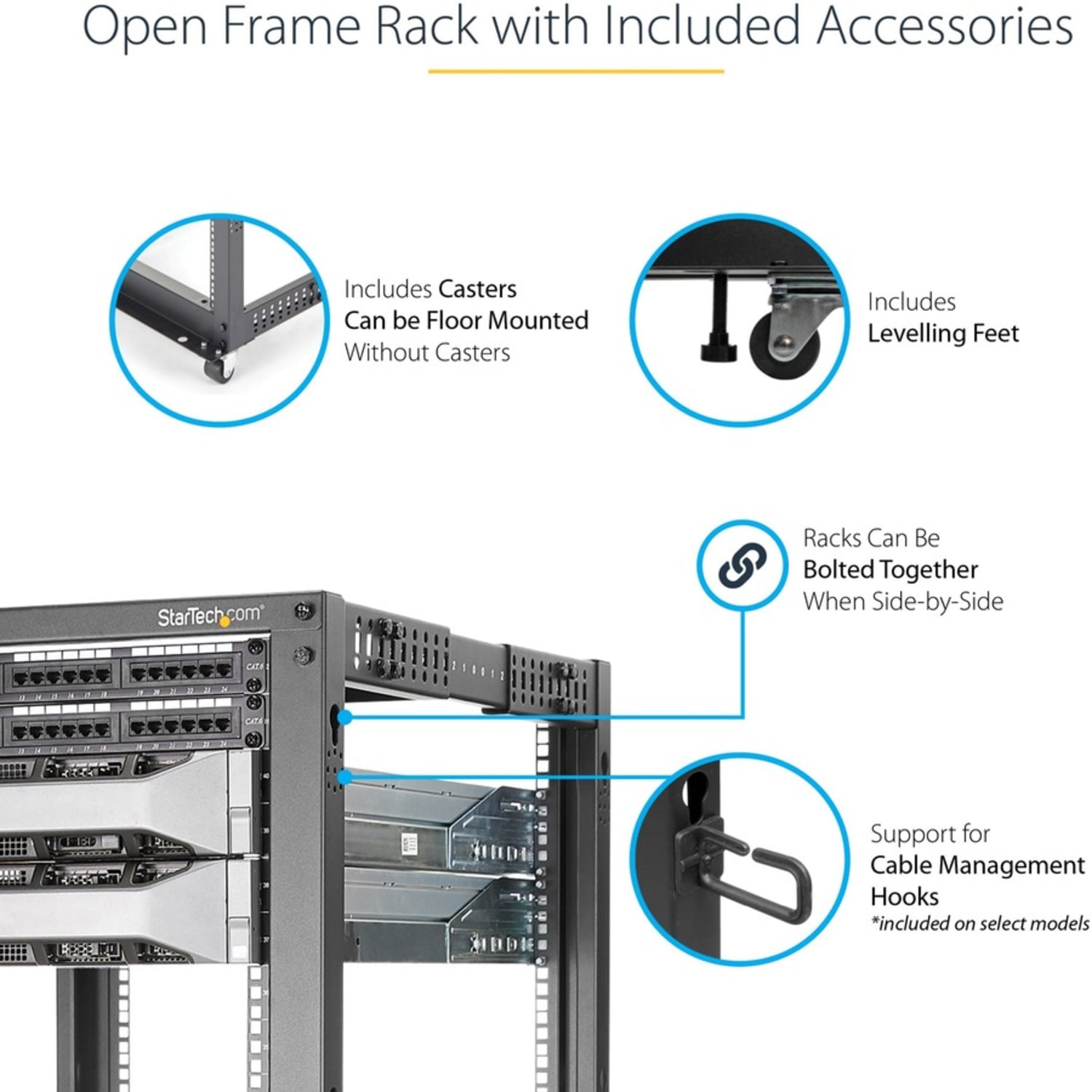 StarTech.com 15U Open Frame Rack - 4 Post - 22-40 in. Adjustable Depth - 1200 lbs Weight Capacity - Includes Casters (4POSTRACK15U) - Image 6