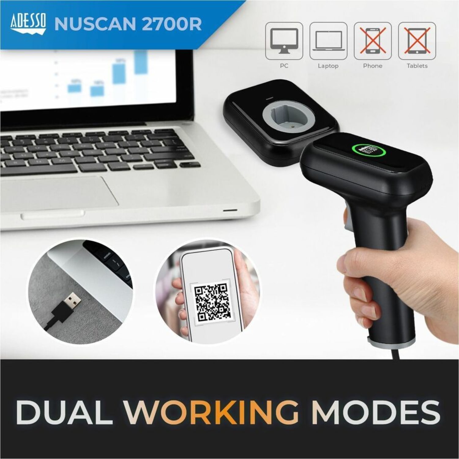 Adesso NuScan 2700R 2D Wireless Barcode Scanner with Charging Cradle - Wireless Connectivity - 120 scan/s - NUSCAN2700R - Image 4