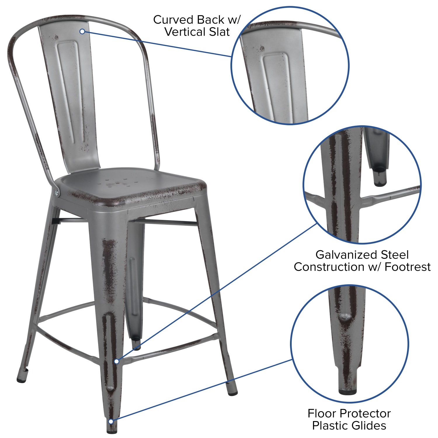 Flash Furniture Commercial-Grade 24inH Distressed Indoor/Outdoor Metal Bar Stools With Backs, Set Of 4 Bar Stools, Silver - Image 5