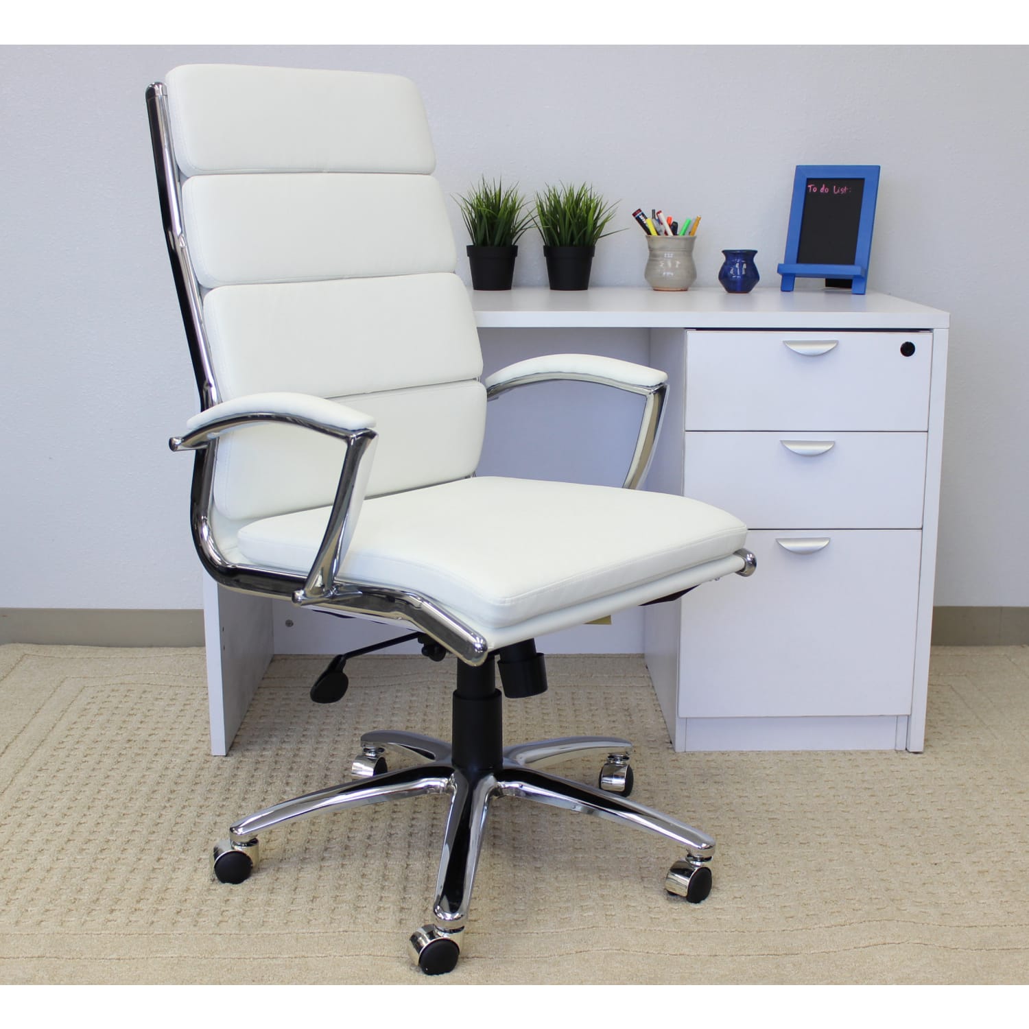 Boss Office Products CaressoftPlus Ergonomic Executive High Back Chair WhiteChrome PopularChairscom